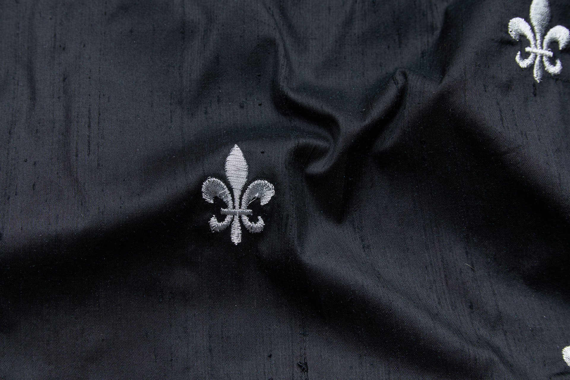 Silver Fleur de Lys Embroidery on Black Silk Dupion fabric, image 2 of 9