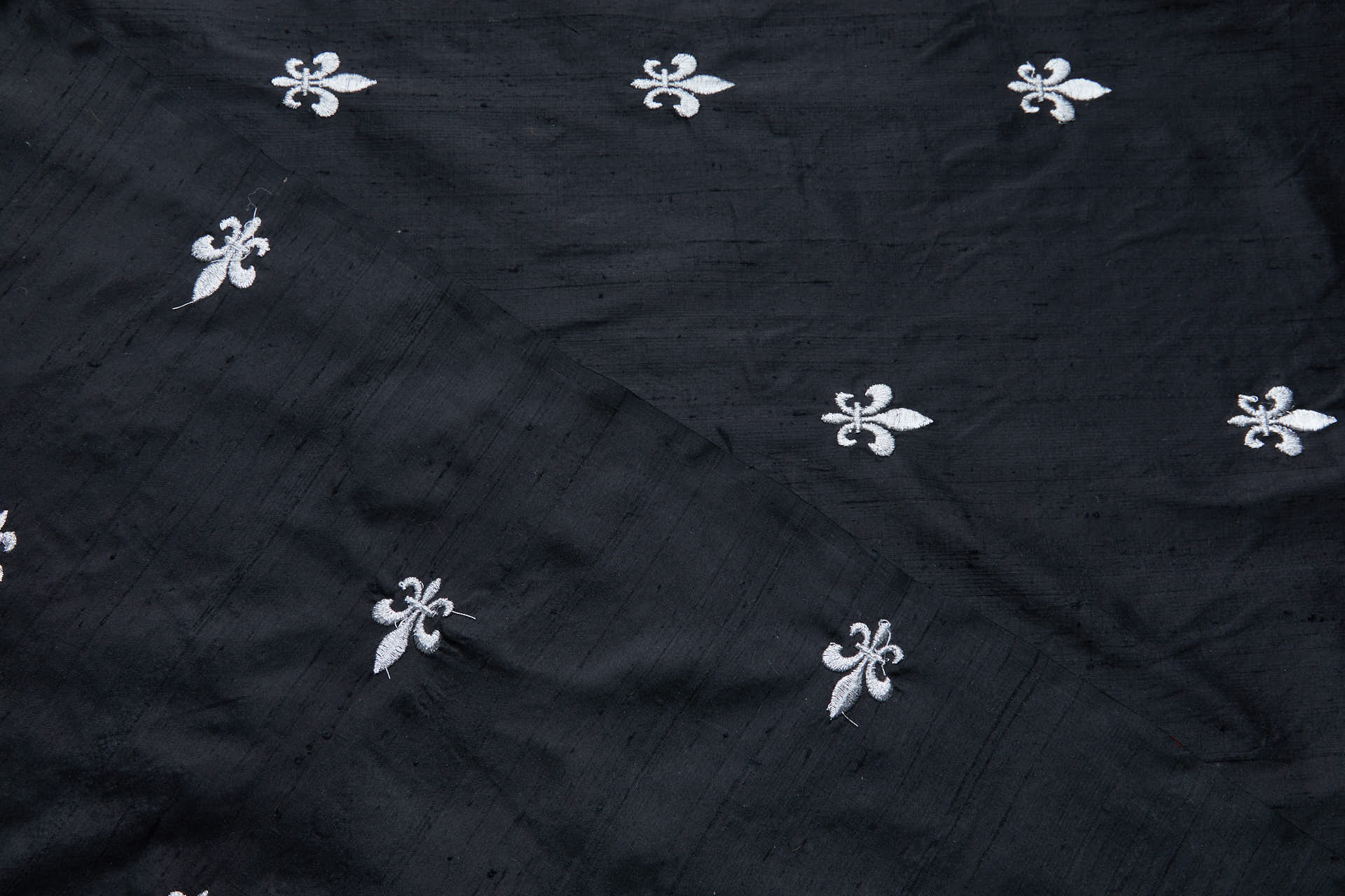 Silver Fleur de Lys Embroidery on Black Silk Dupion fabric, image 4 of 9