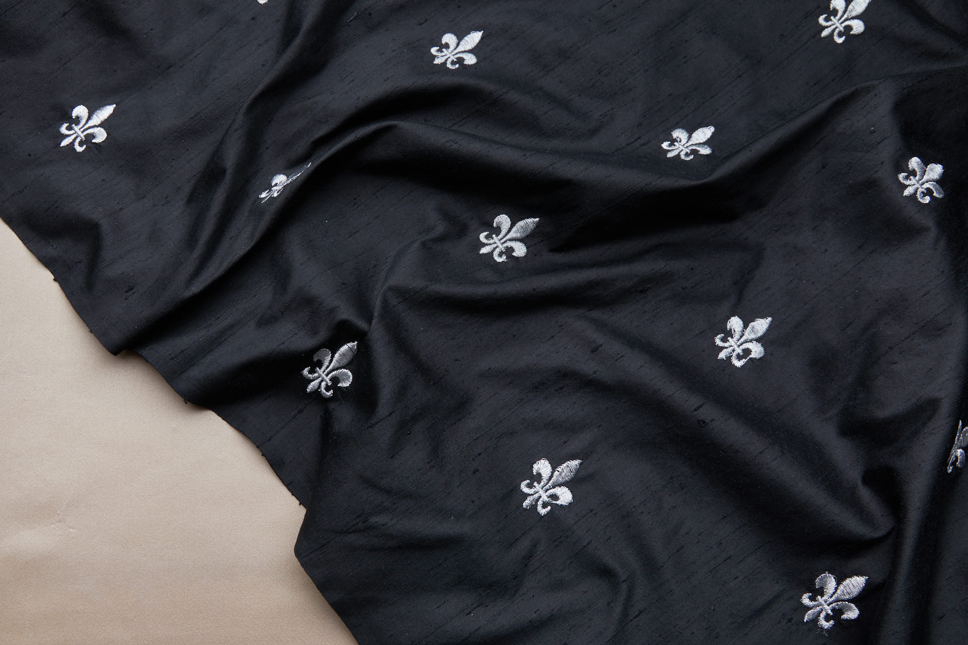 Silver Fleur de Lys Embroidery on Black Silk Dupion fabric, image 5 of 9