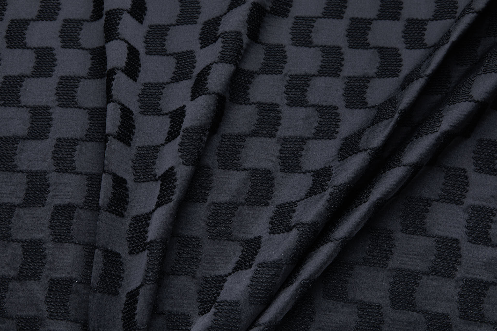 Black Geometric Embroidery on Sandwashed Black Silk Satin fabric, image 5 of 8