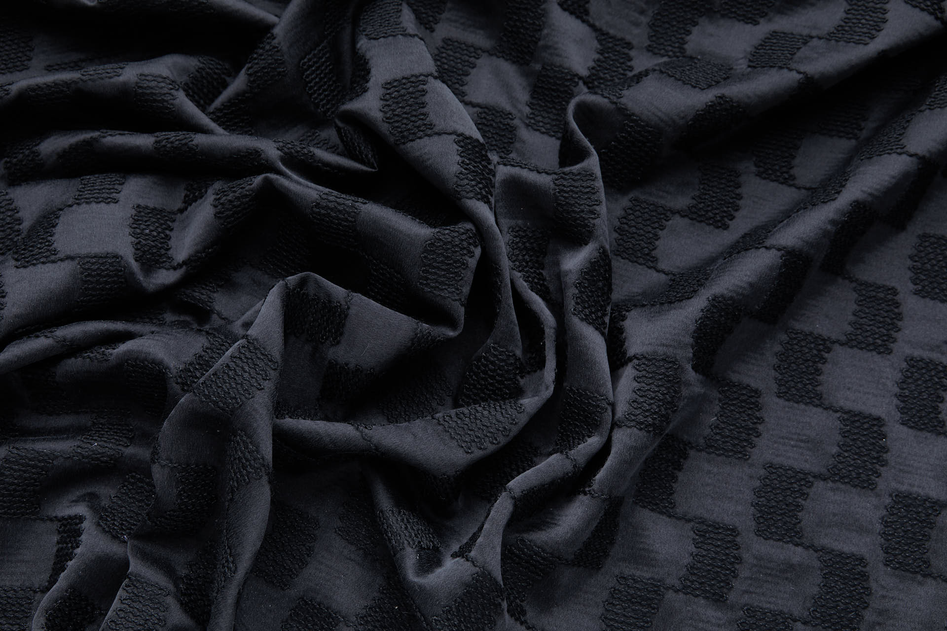 Black Geometric Embroidery on Sandwashed Black Silk Satin fabric, image 3 of 8