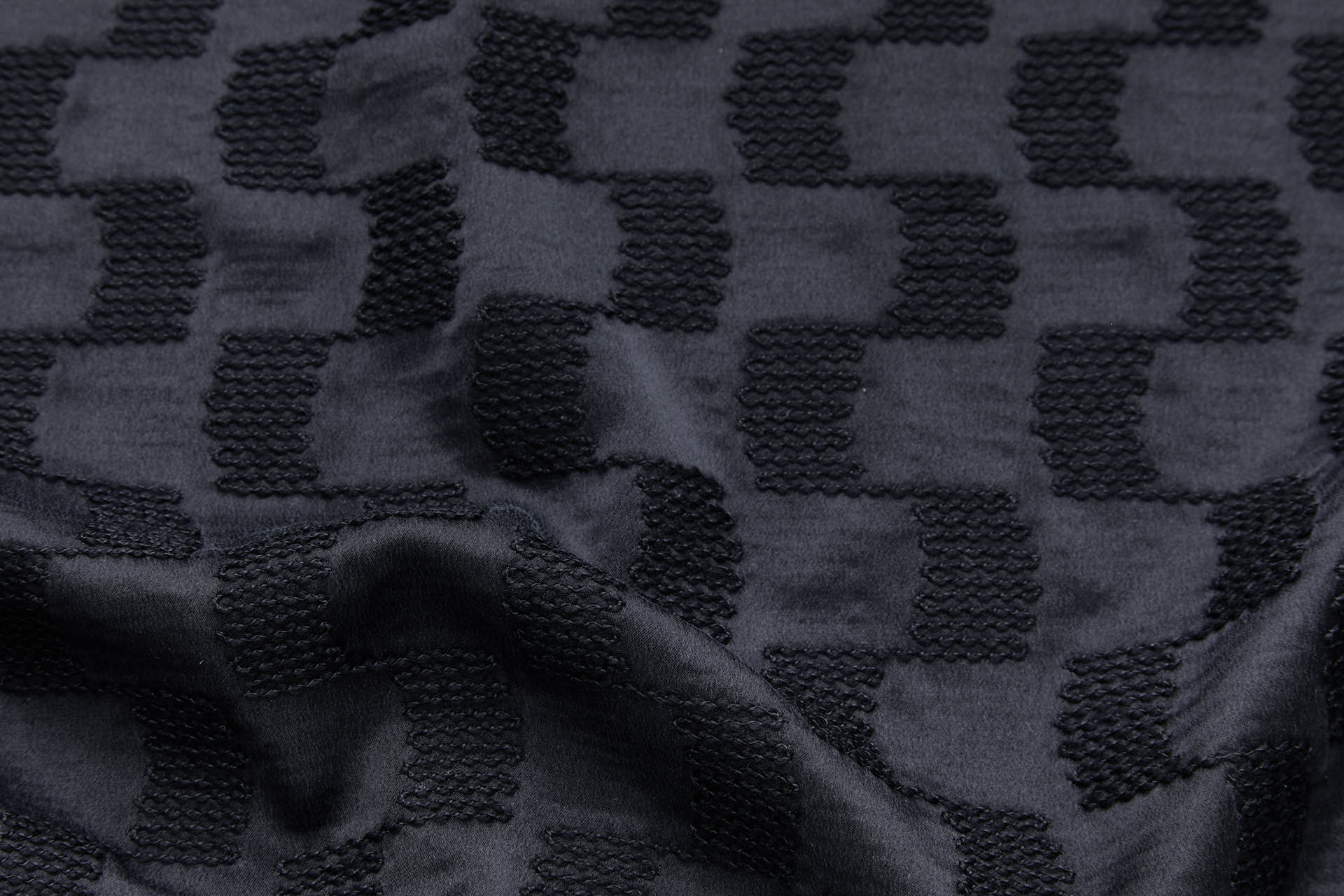 Black Geometric Embroidery on Sandwashed Black Silk Satin fabric, image 2 of 8