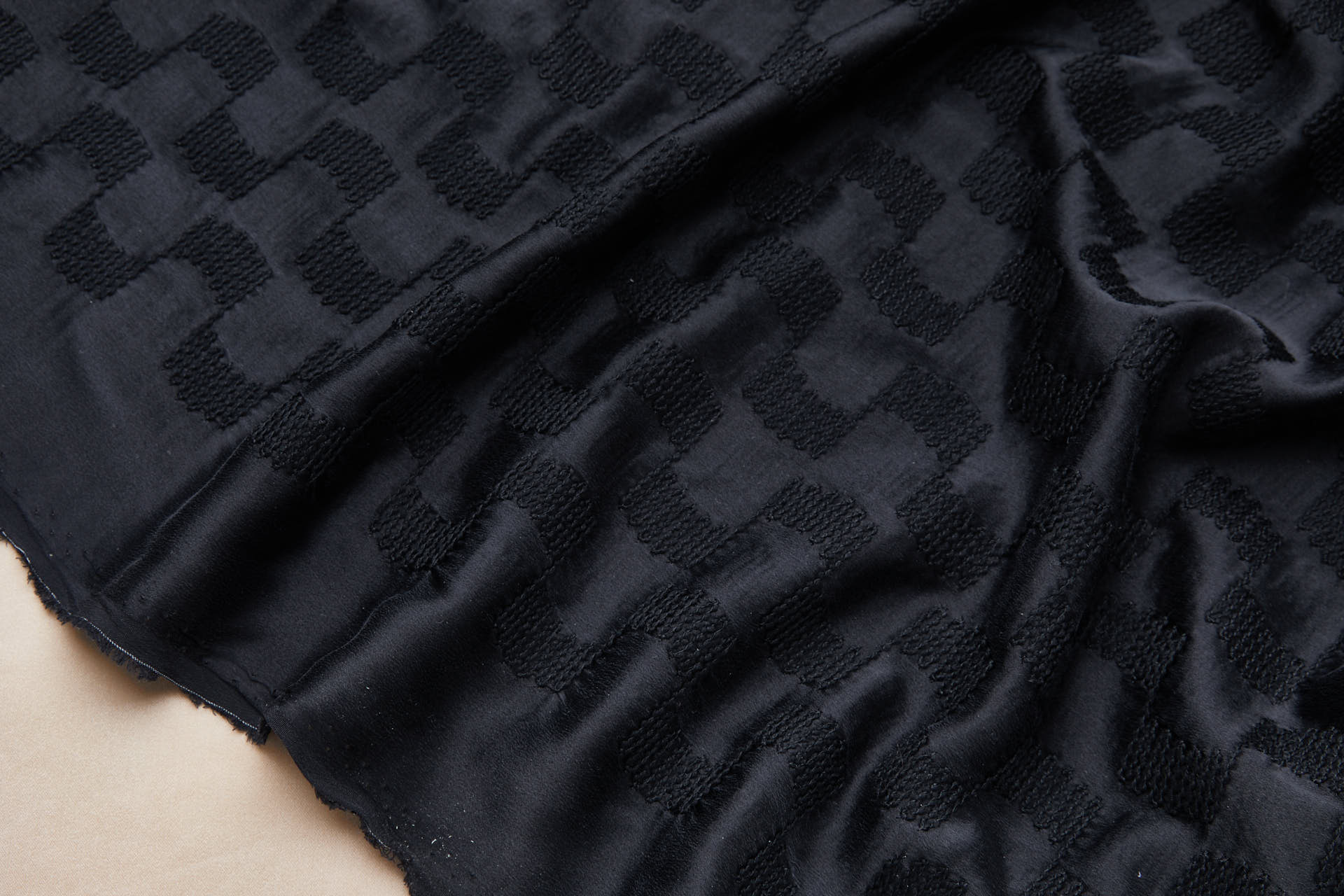 Black Geometric Embroidery on Sandwashed Black Silk Satin fabric, image 4 of 8