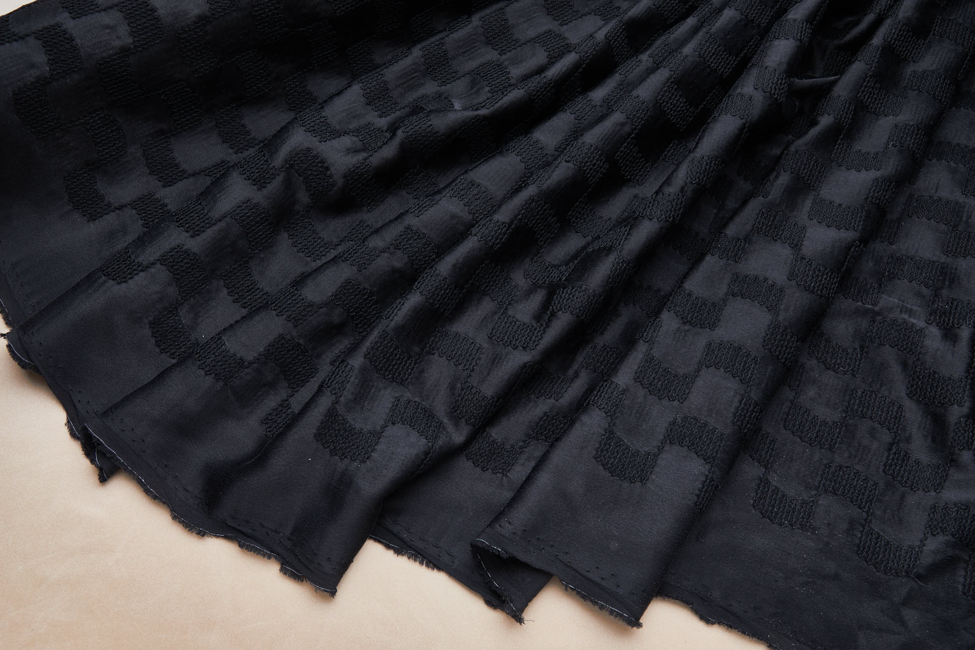 Black Geometric Embroidery on Sandwashed Black Silk Satin fabric