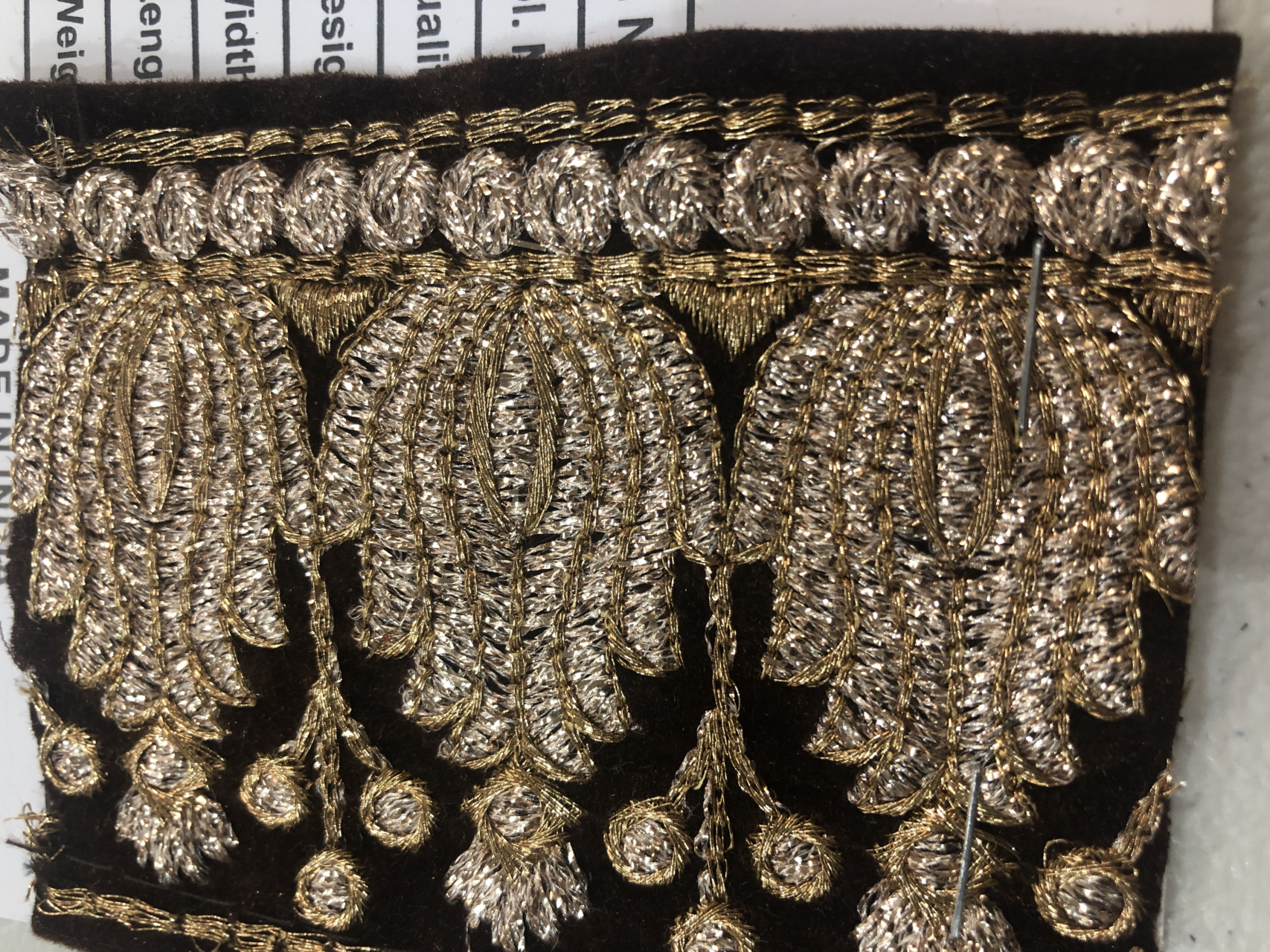 Pale Gold with Antique Gold Embroidery Trim on Brown Velvet, image 2 of 8