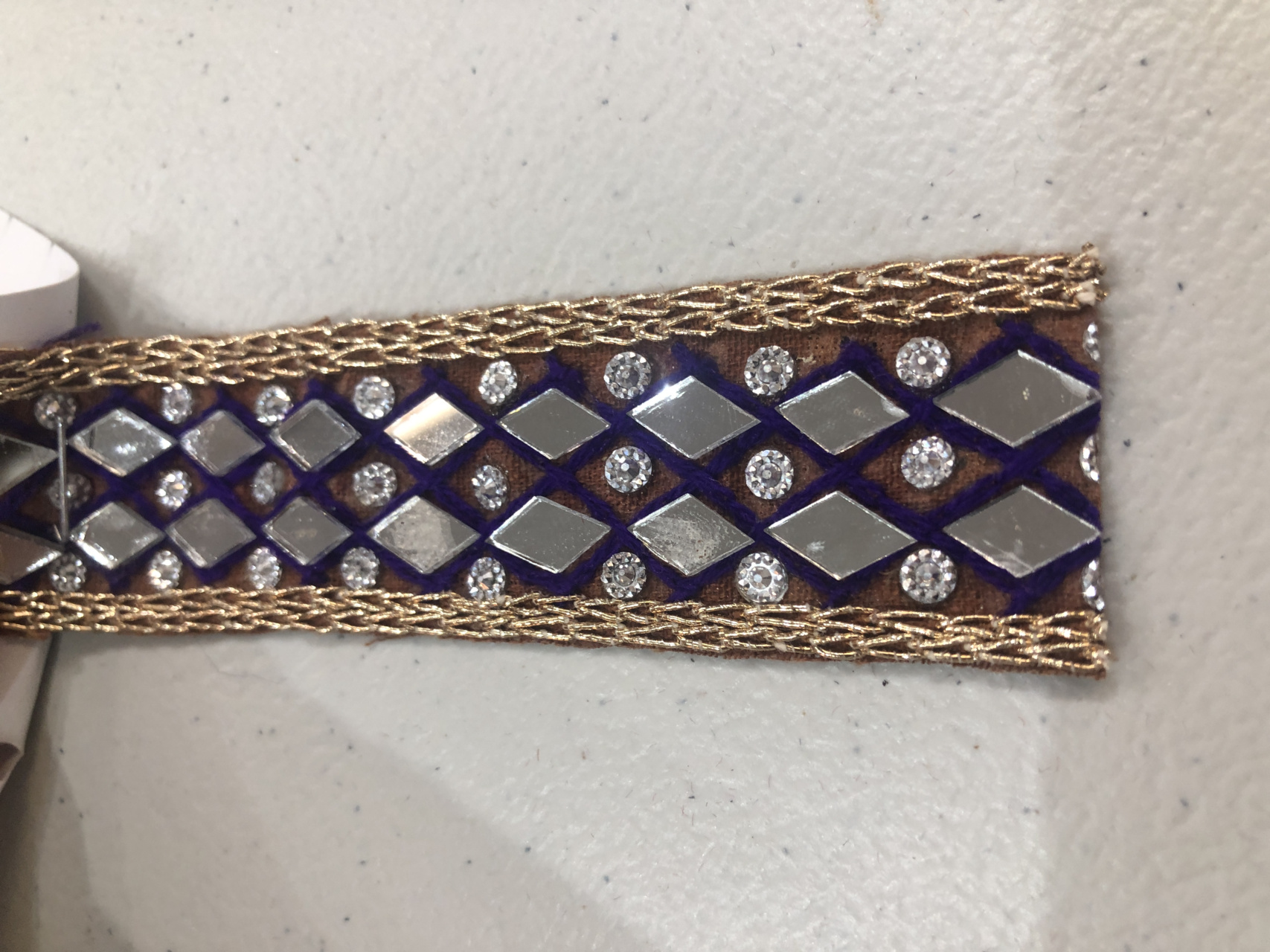 Diamond Cut Mirrors 2 Rows with Purple and Gold Thread on Brown trim, image 2 of 7