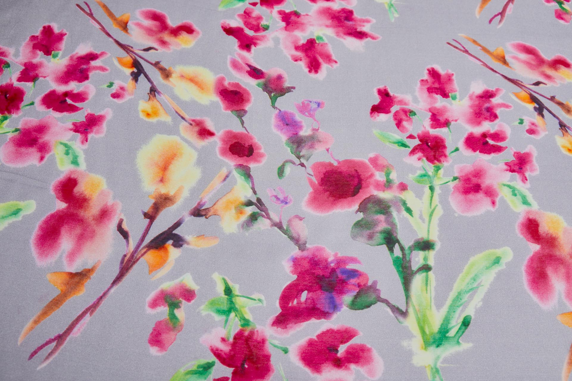 Floral Printed Silk Cotton Blend - Grey w/ Pink, Orange, Yellow and Green fabric, image 8 of 8