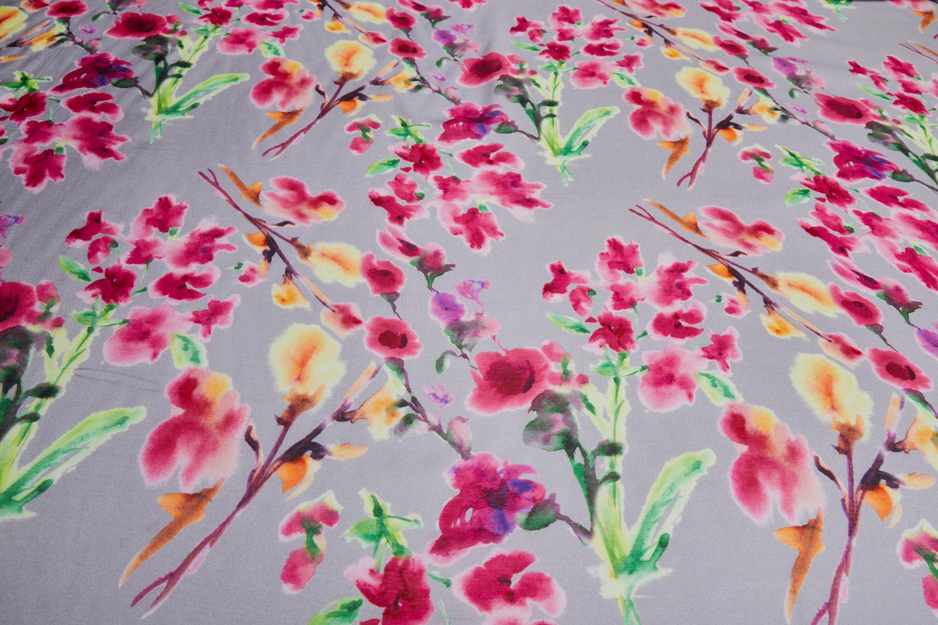 Floral Printed Silk Cotton Blend - Grey w/ Pink, Orange, Yellow and Green fabric, image 2 of 8