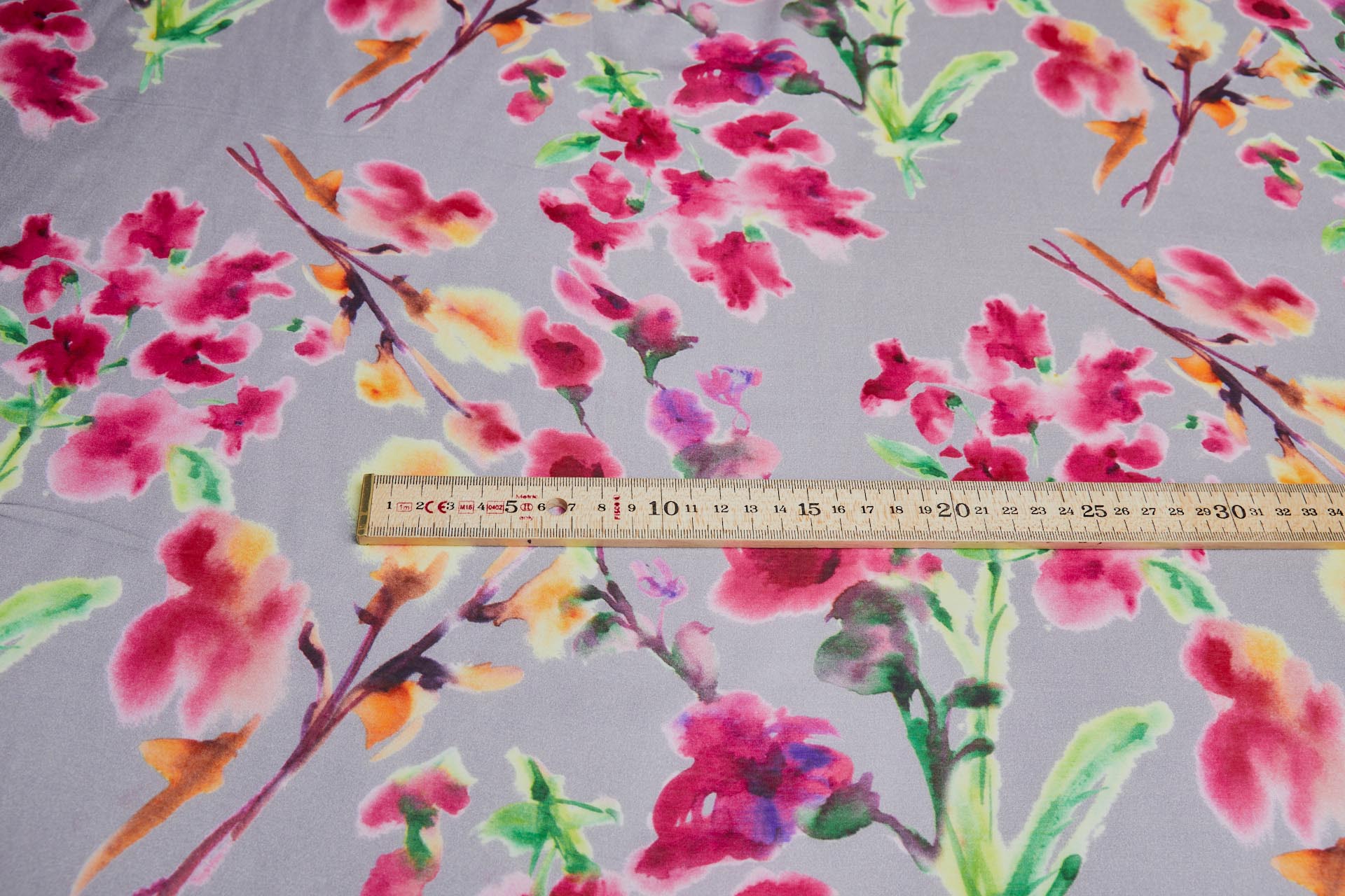 Floral Printed Silk Cotton Blend - Grey w/ Pink, Orange, Yellow and Green fabric, image 3 of 8