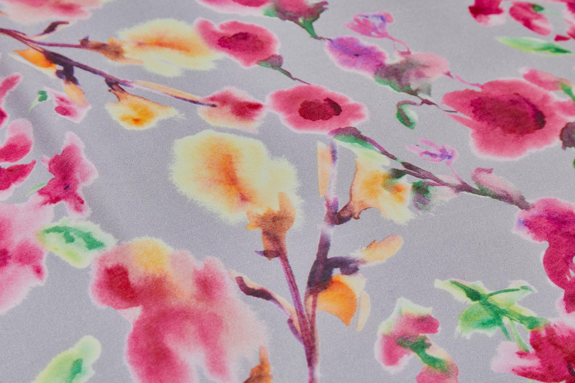 Floral Printed Silk Cotton Blend - Grey w/ Pink, Orange, Yellow and Green fabric, image 4 of 8