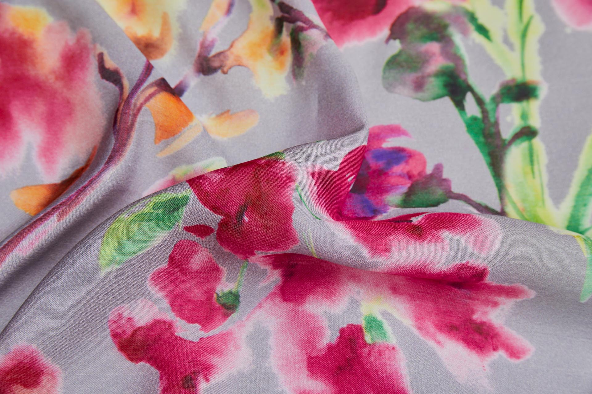 Floral Printed Silk Cotton Blend - Grey w/ Pink, Orange, Yellow and Green fabric, image 5 of 8