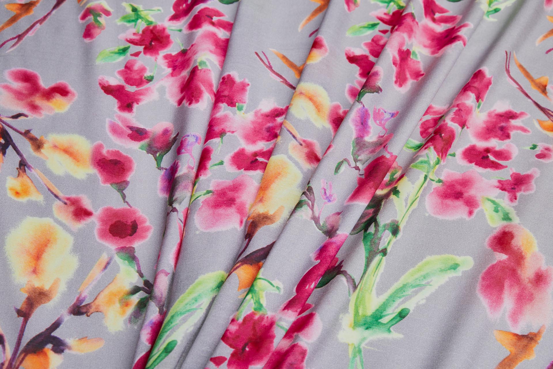 Floral Printed Silk Cotton Blend - Grey w/ Pink, Orange, Yellow and Green fabric, image 6 of 8