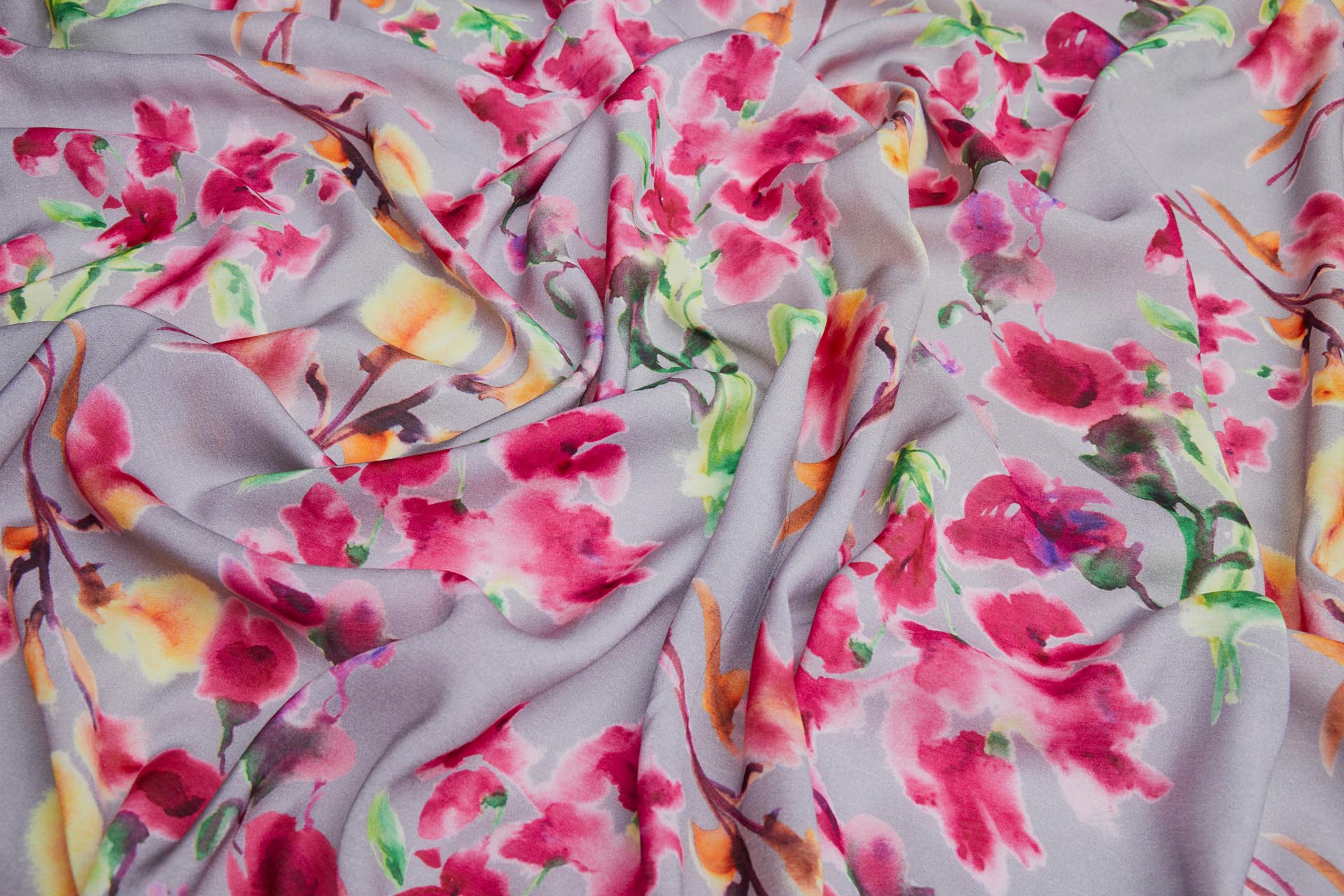 Floral Printed Silk Cotton Blend - Grey w/ Pink, Orange, Yellow and Green fabric