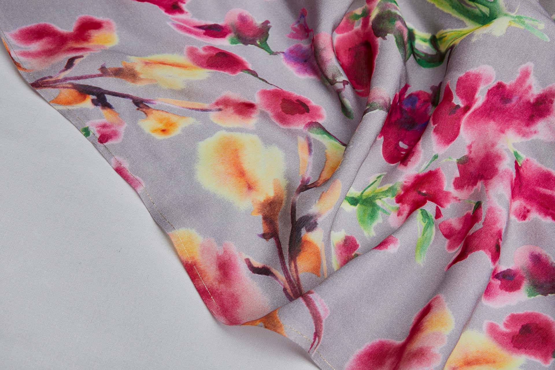 Floral Printed Silk Cotton Blend - Grey w/ Pink, Orange, Yellow and Green fabric, image 7 of 8