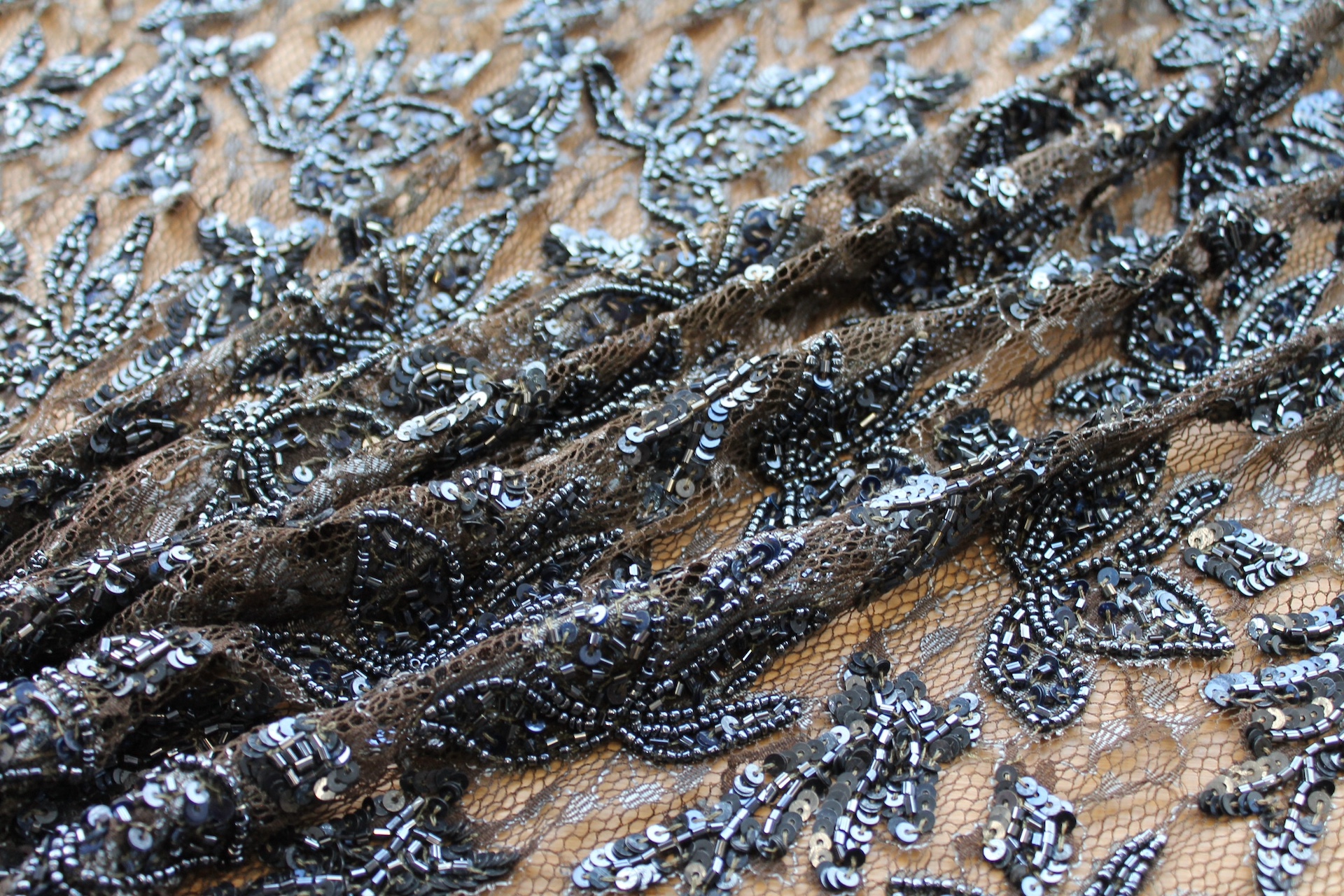 Beaded and Sequinned Lace in Anthracite on Olive fabric, image 2 of 5