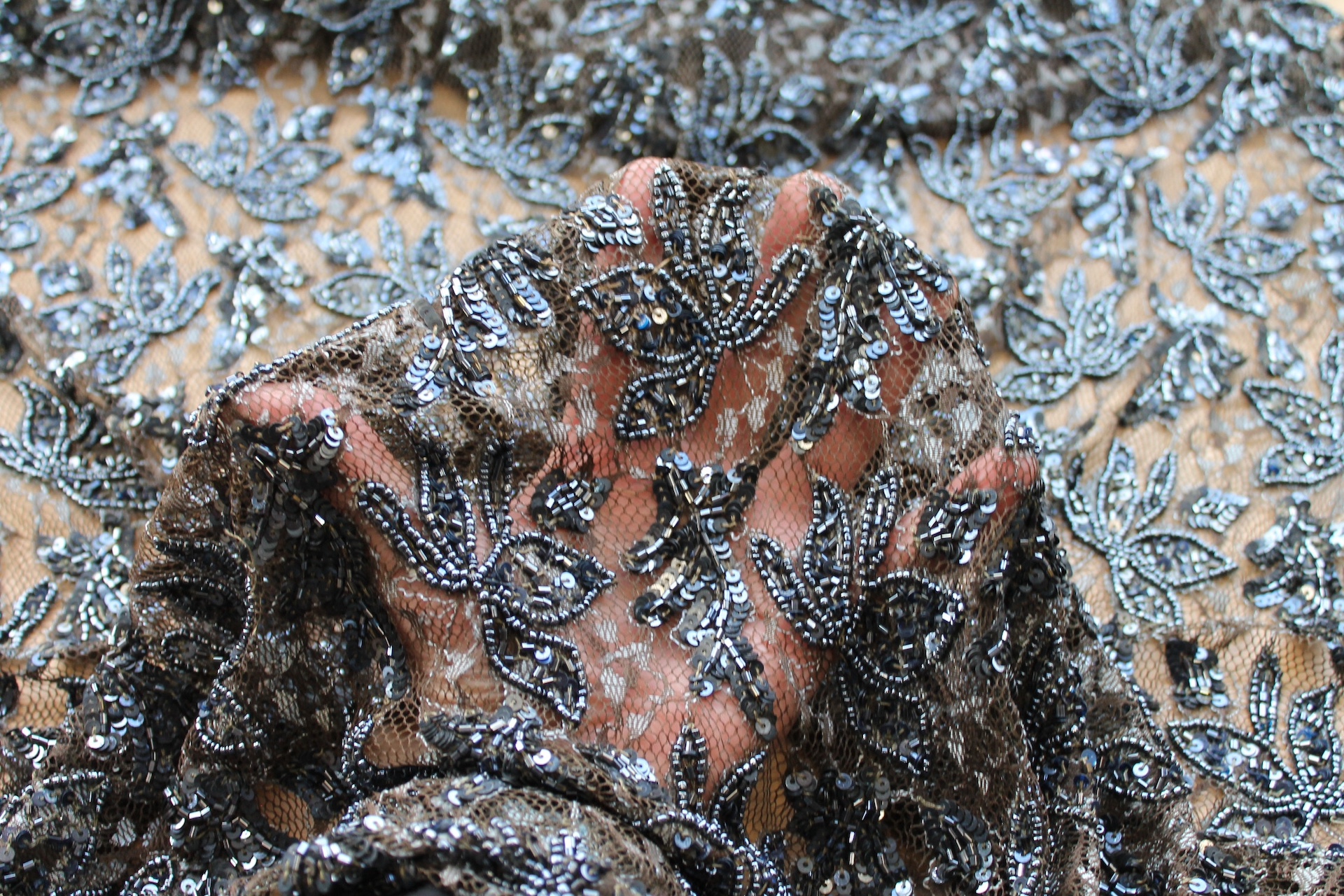 Beaded and Sequinned Lace in Anthracite on Olive fabric, image 3 of 5