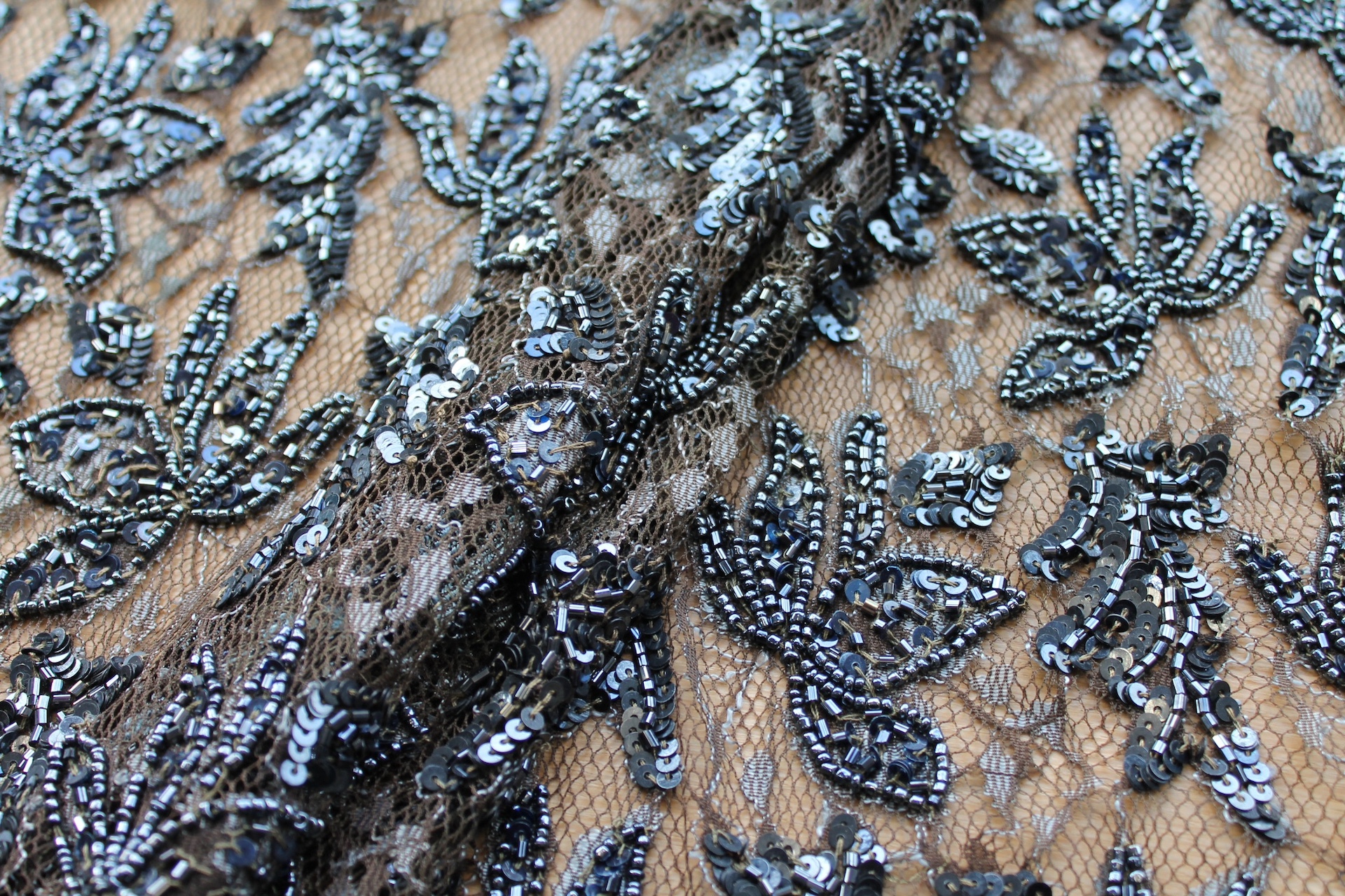Beaded and Sequinned Lace in Anthracite on Olive fabric, image 4 of 5