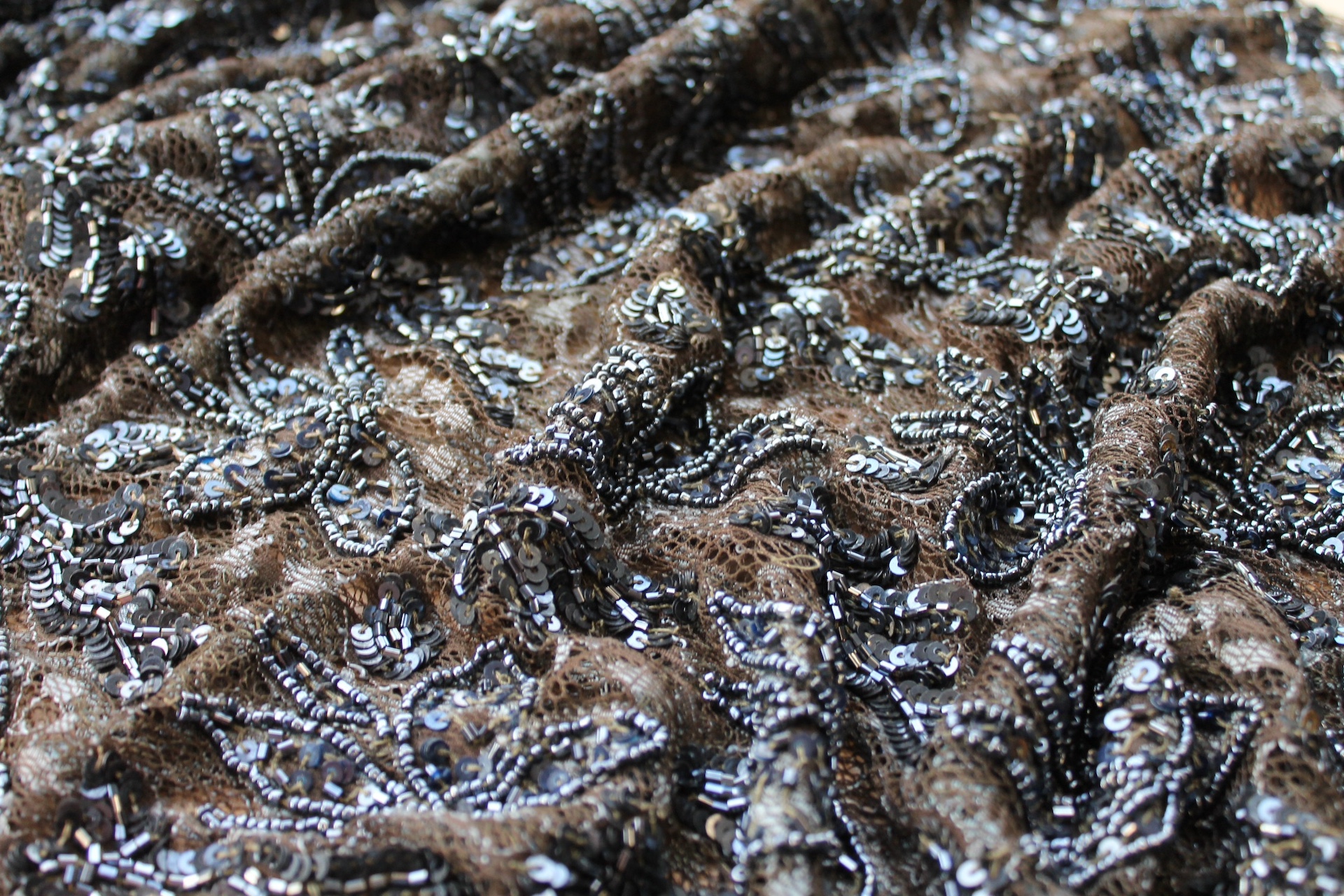 Beaded and Sequinned Lace in Anthracite on Olive fabric, image 5 of 5