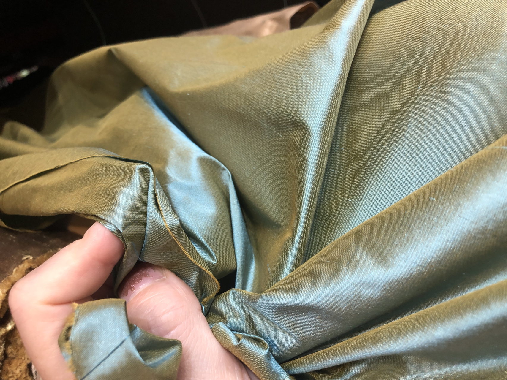 Silk Dupion - Sky Blue shot Mustard fabric, image 2 of 8