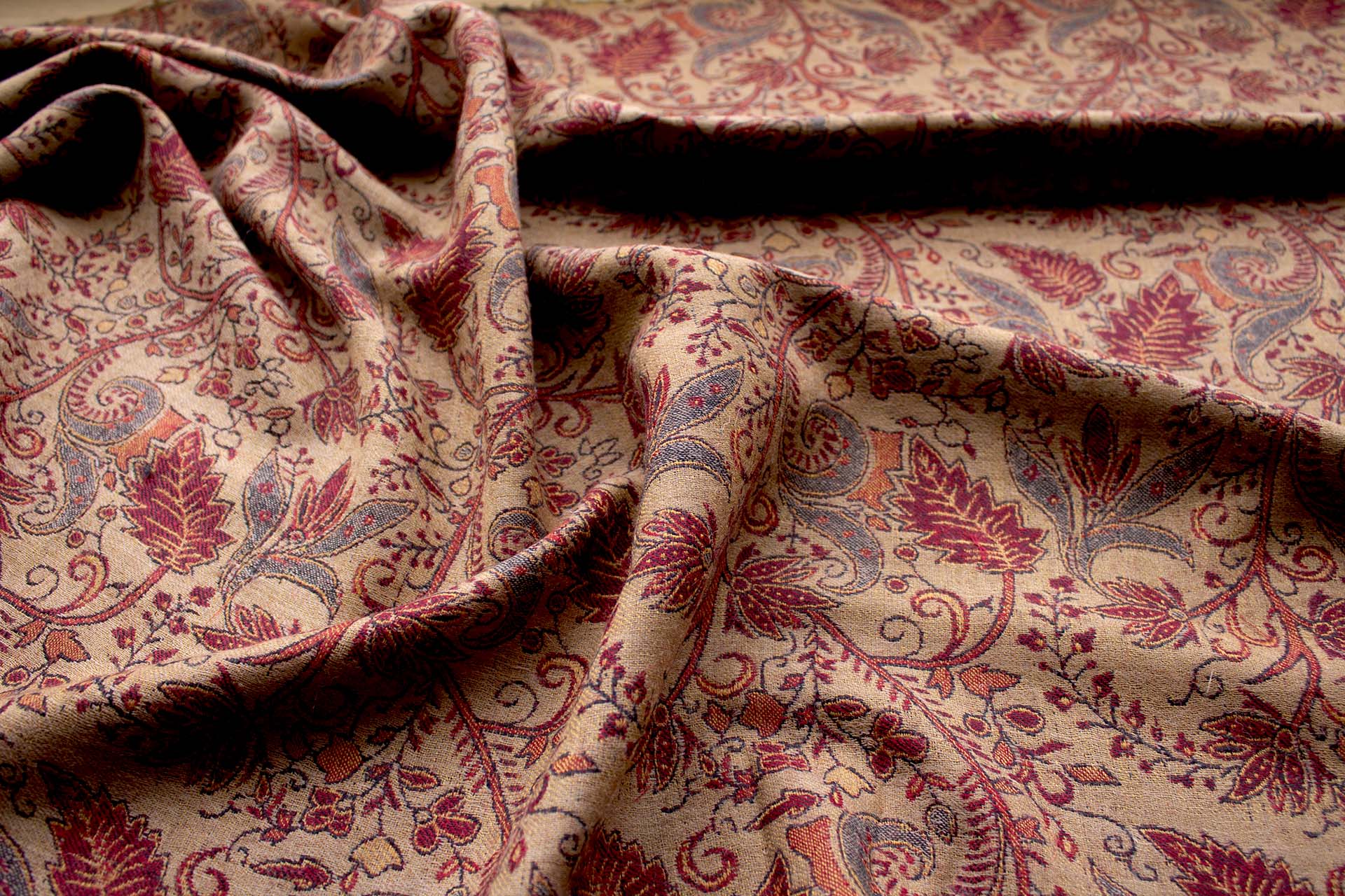 Red Green and Gold Leaf Pattern Wool Challis fabric, image 2 of 8