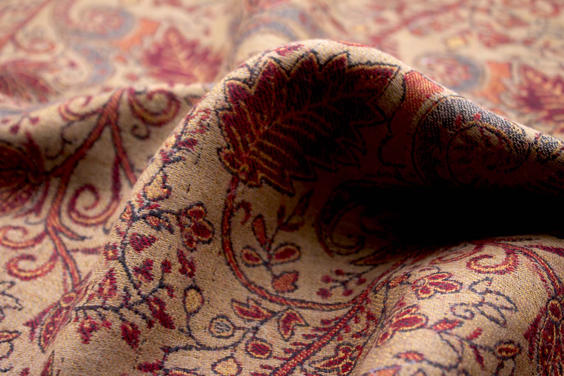 Red Green and Gold Leaf Pattern Wool Challis fabric, image 3 of 8