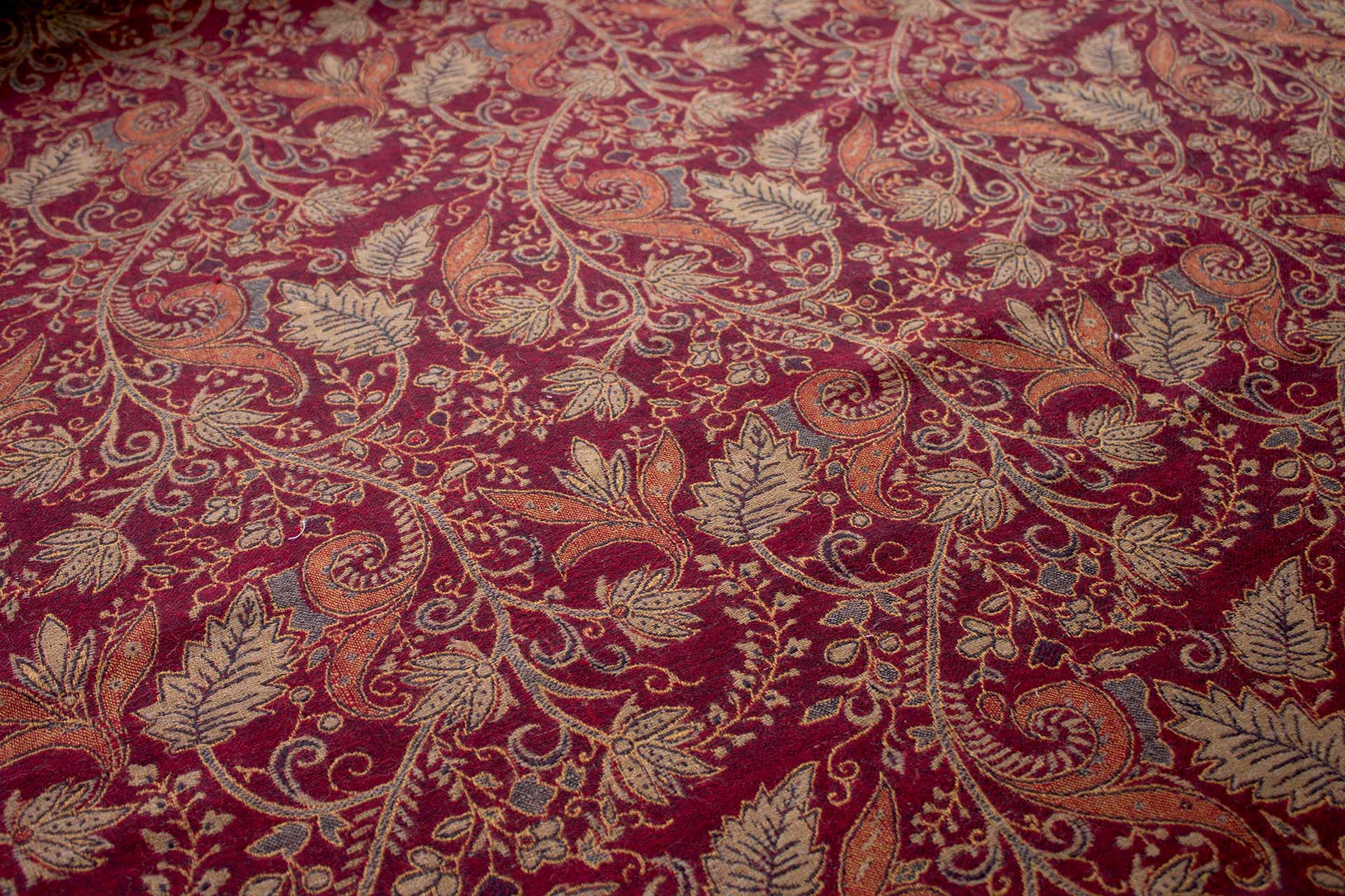 Red Green and Gold Leaf Pattern Wool Challis fabric, image 4 of 8