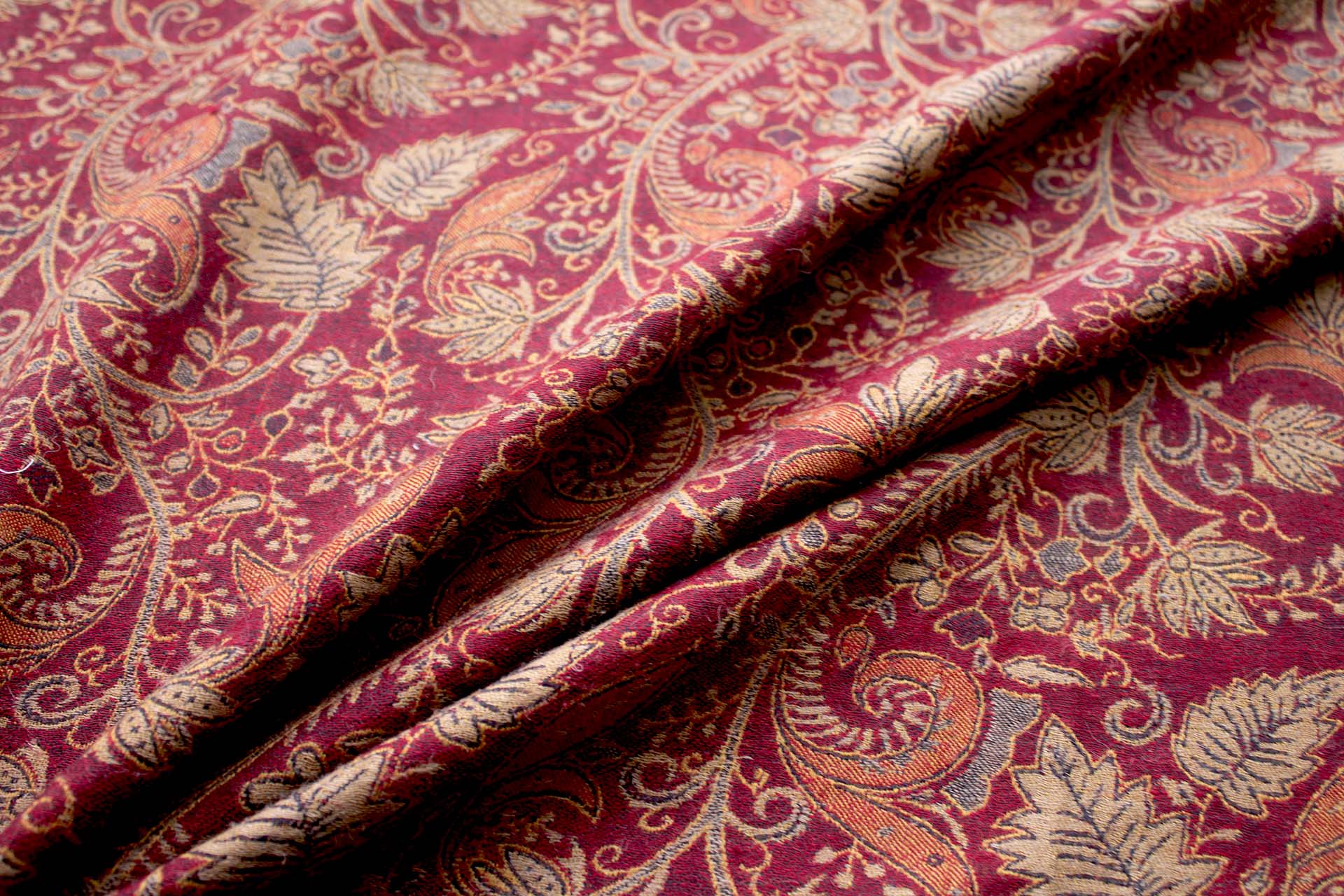 Red Green and Gold Leaf Pattern Wool Challis fabric, image 5 of 8