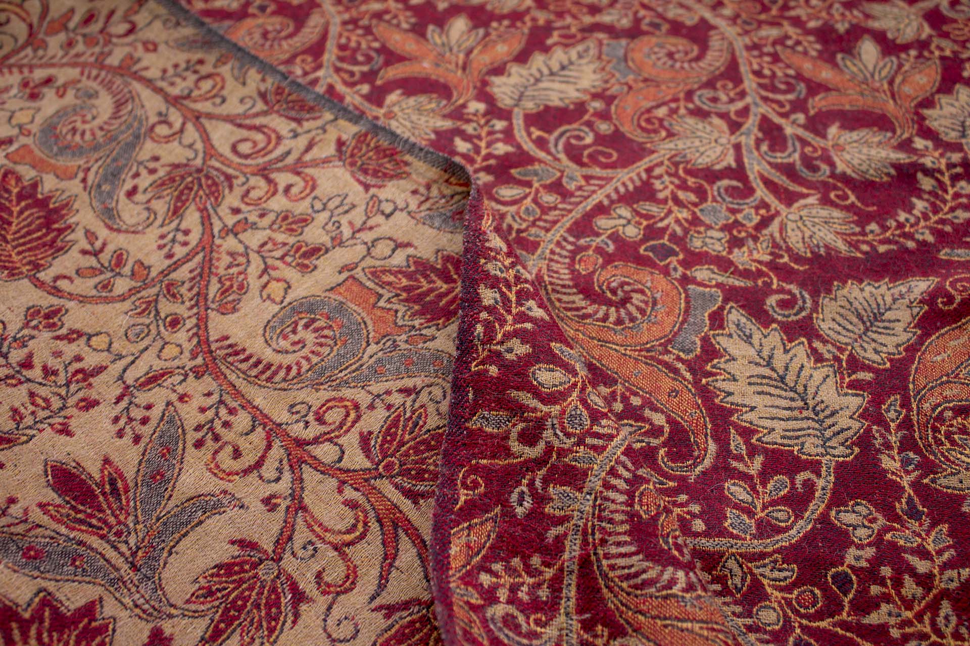 Red Green and Gold Leaf Pattern Wool Challis fabric