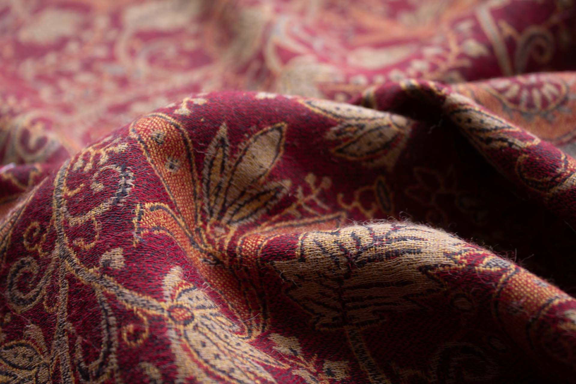Red Green and Gold Leaf Pattern Wool Challis fabric, image 6 of 8