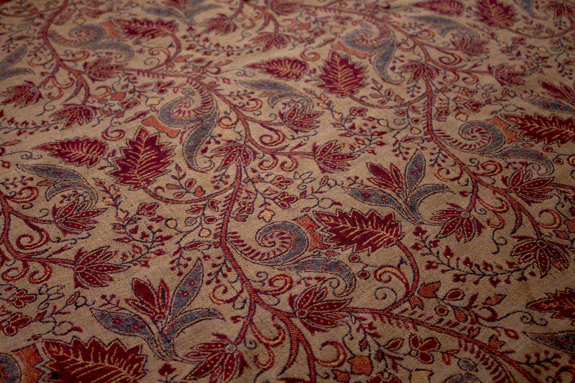 Red Green and Gold Leaf Pattern Wool Challis fabric, image 7 of 8