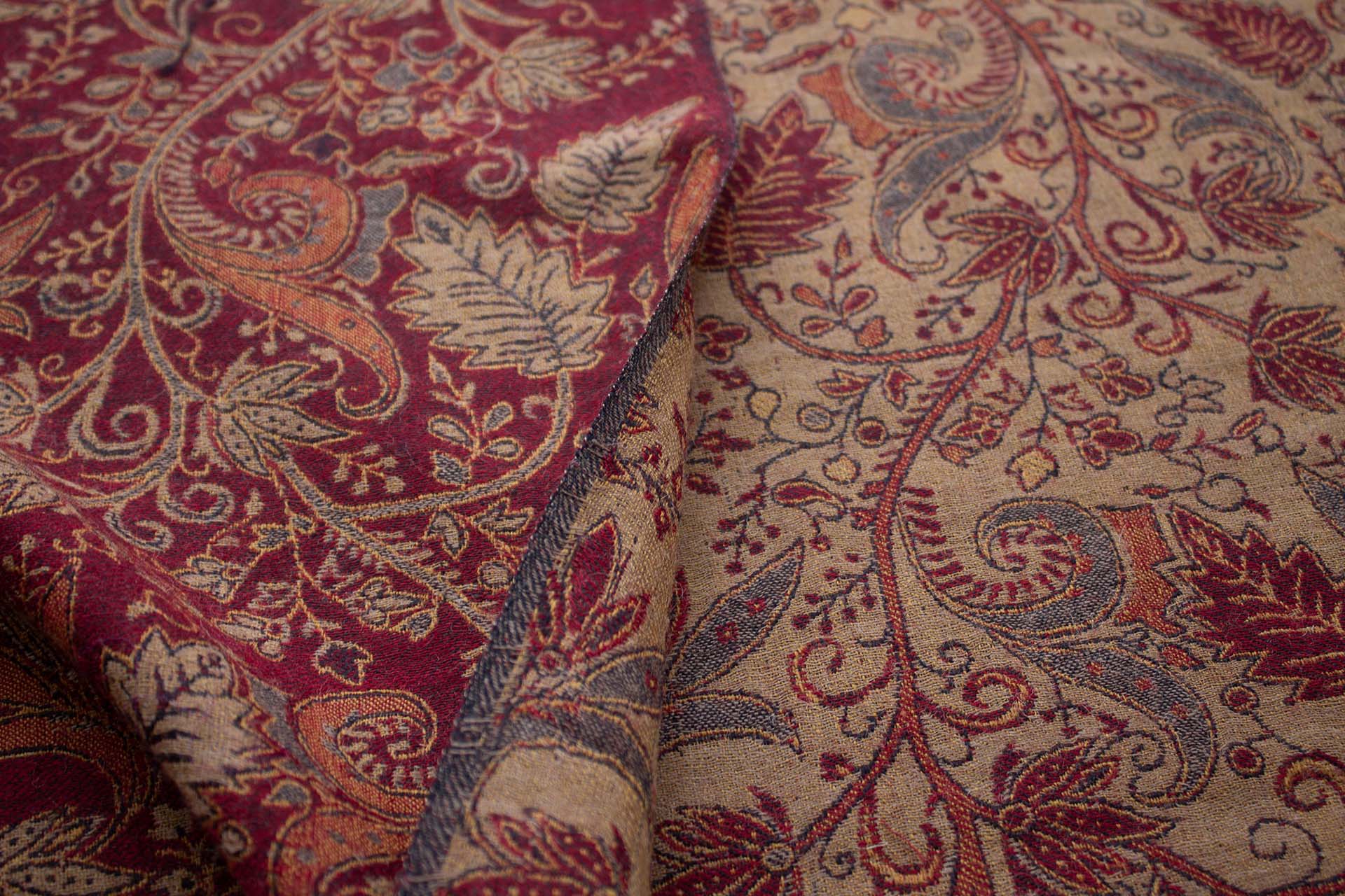 Red Green and Gold Leaf Pattern Wool Challis fabric, image 8 of 8