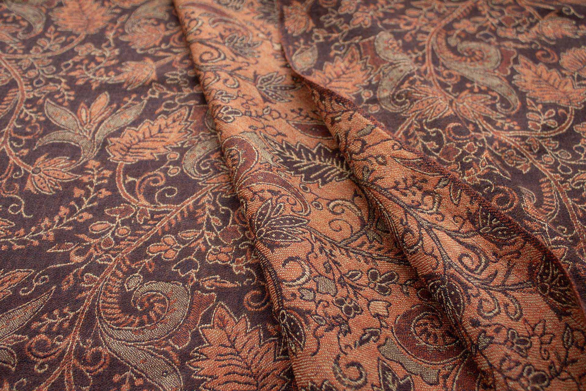 Brown, Beige and Orange Leaf Pattern Wool Challis fabric
