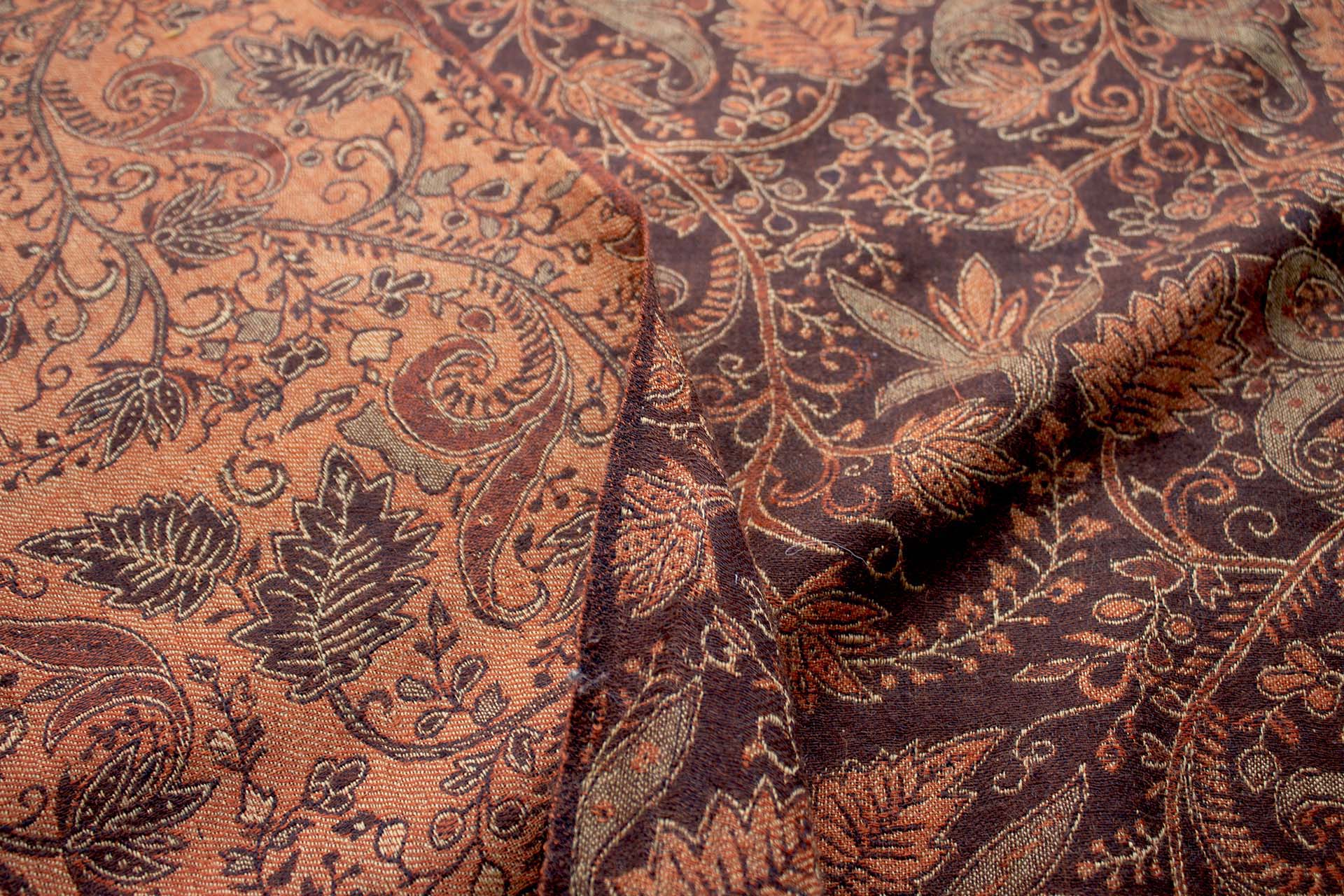 Brown, Beige and Orange Leaf Pattern Wool Challis fabric, image 2 of 11