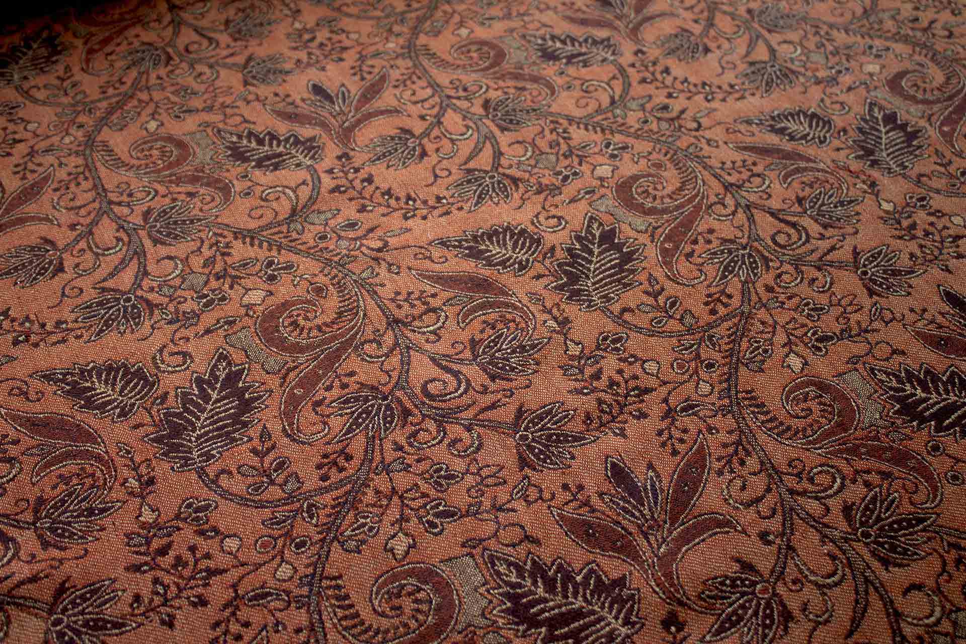 Brown, Beige and Orange Leaf Pattern Wool Challis fabric, image 4 of 11