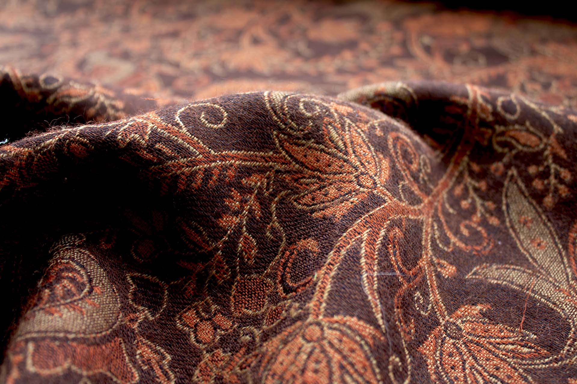 Brown, Beige and Orange Leaf Pattern Wool Challis fabric, image 3 of 11