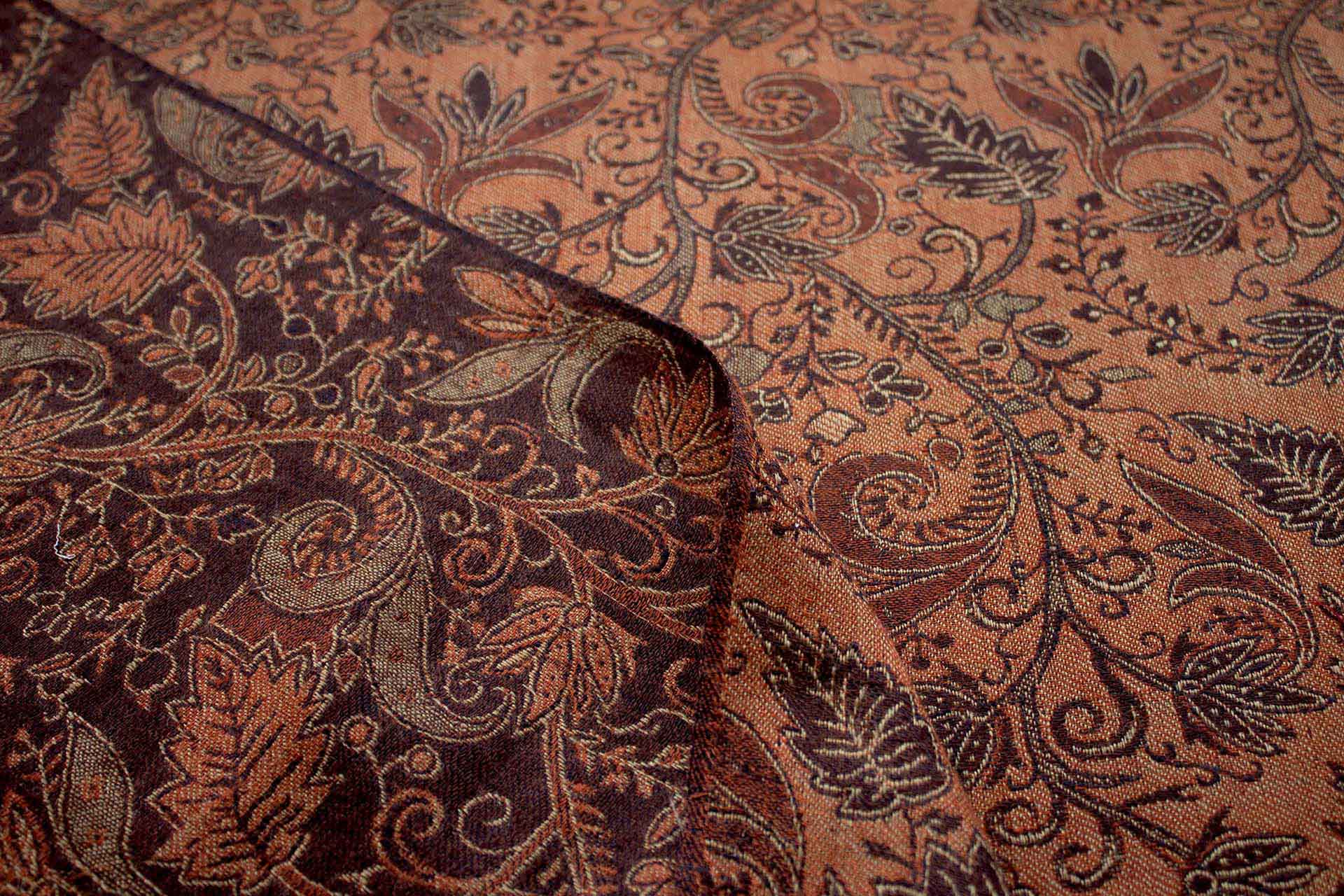 Brown, Beige and Orange Leaf Pattern Wool Challis fabric, image 5 of 11