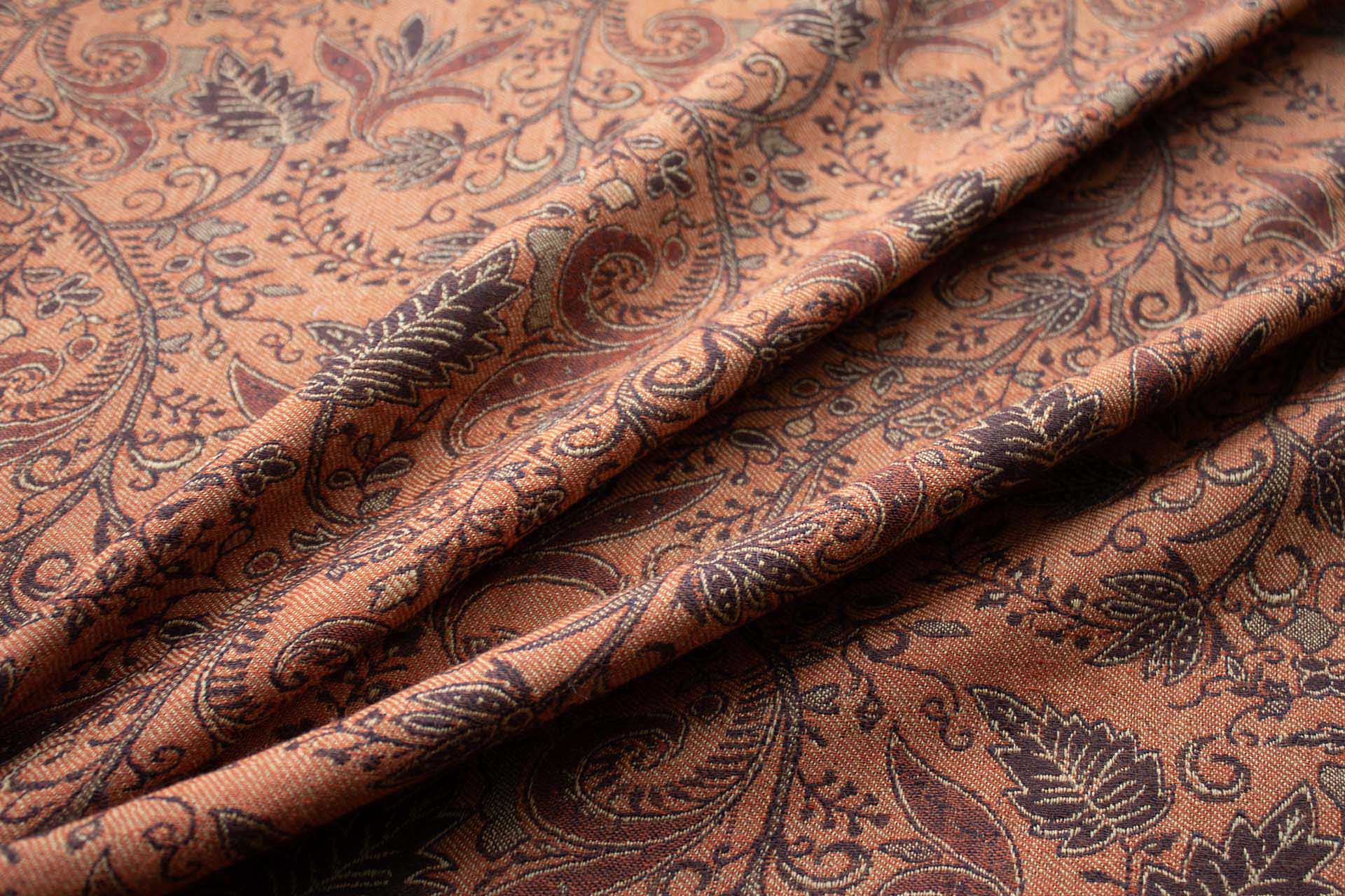 Brown, Beige and Orange Leaf Pattern Wool Challis fabric, image 6 of 11