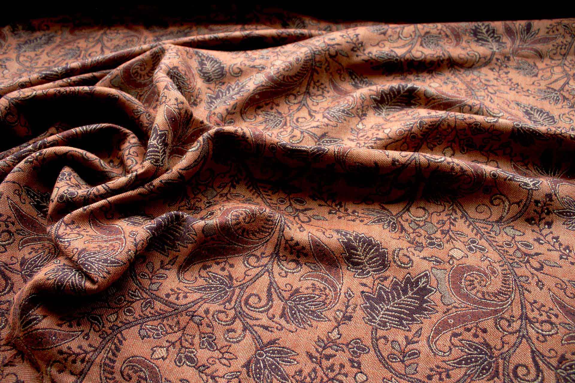 Brown, Beige and Orange Leaf Pattern Wool Challis fabric, image 7 of 11