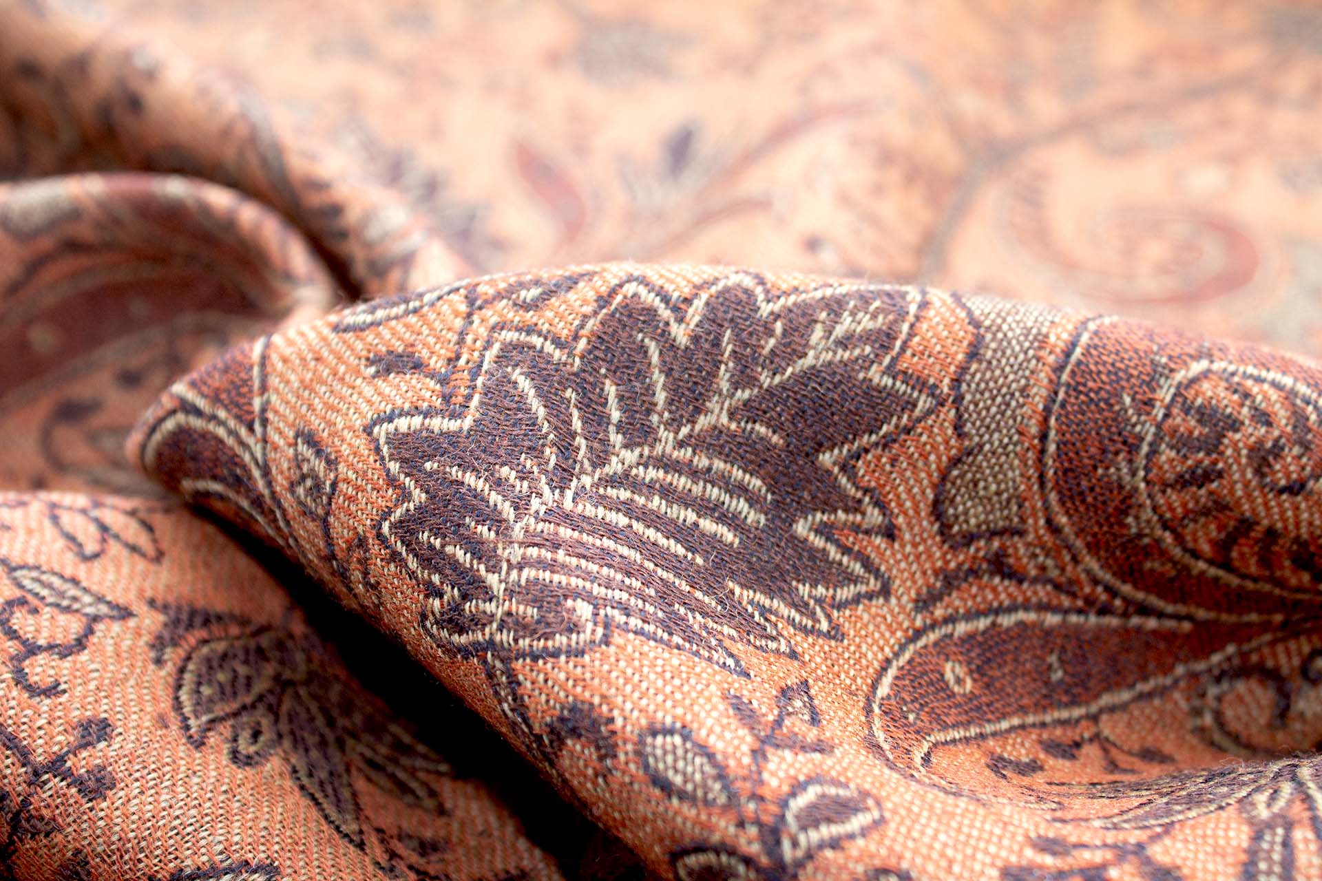 Brown, Beige and Orange Leaf Pattern Wool Challis fabric, image 8 of 11