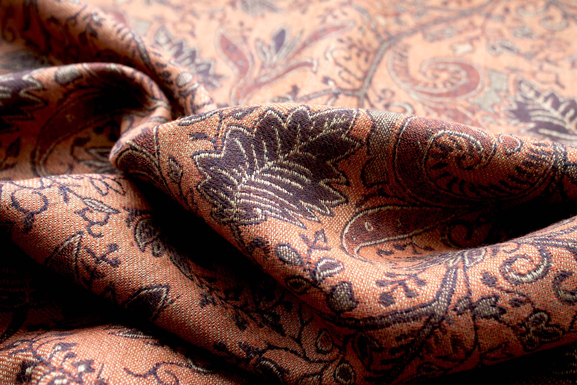 Brown, Beige and Orange Leaf Pattern Wool Challis fabric, image 9 of 11