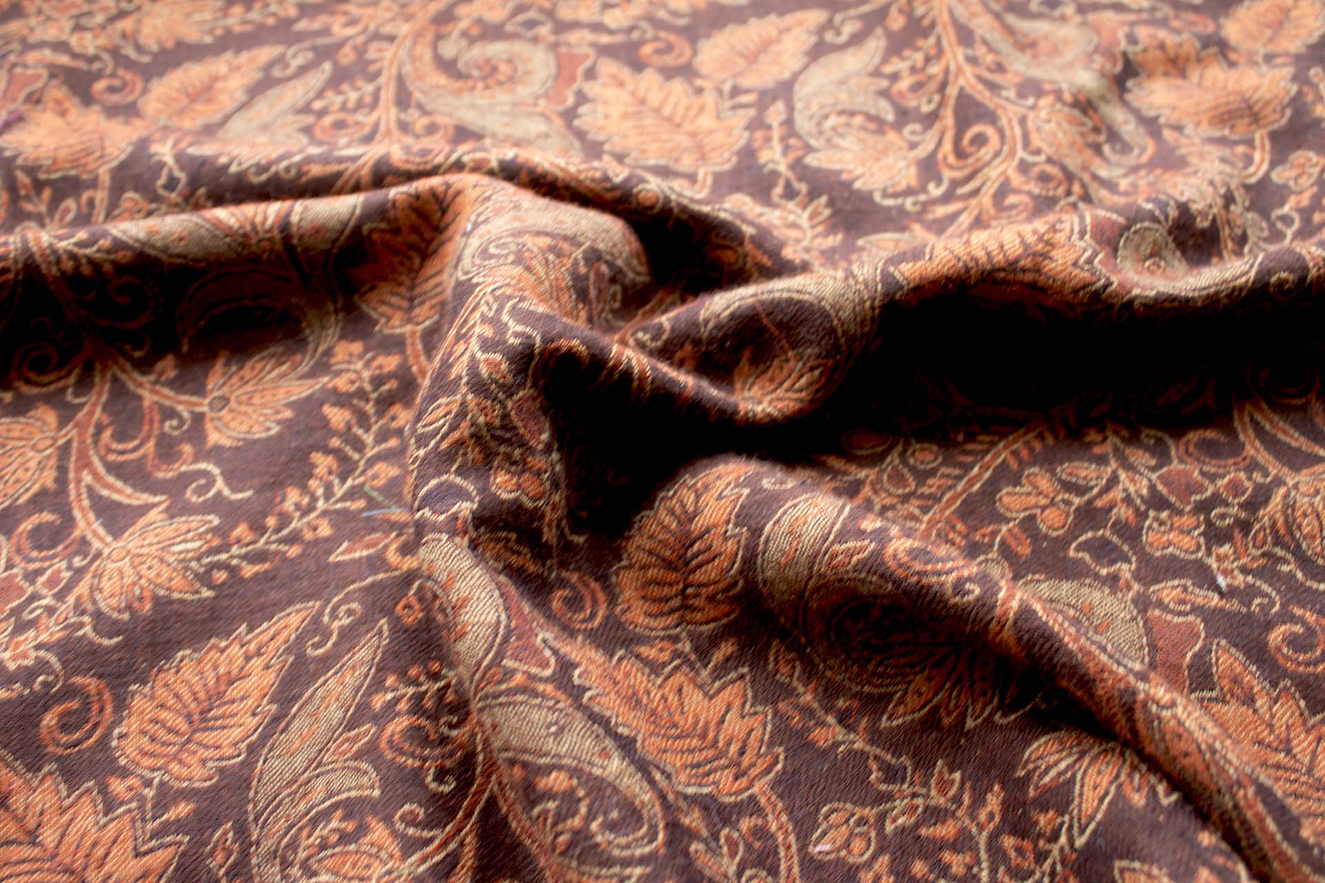 Brown, Beige and Orange Leaf Pattern Wool Challis fabric, image 11 of 11