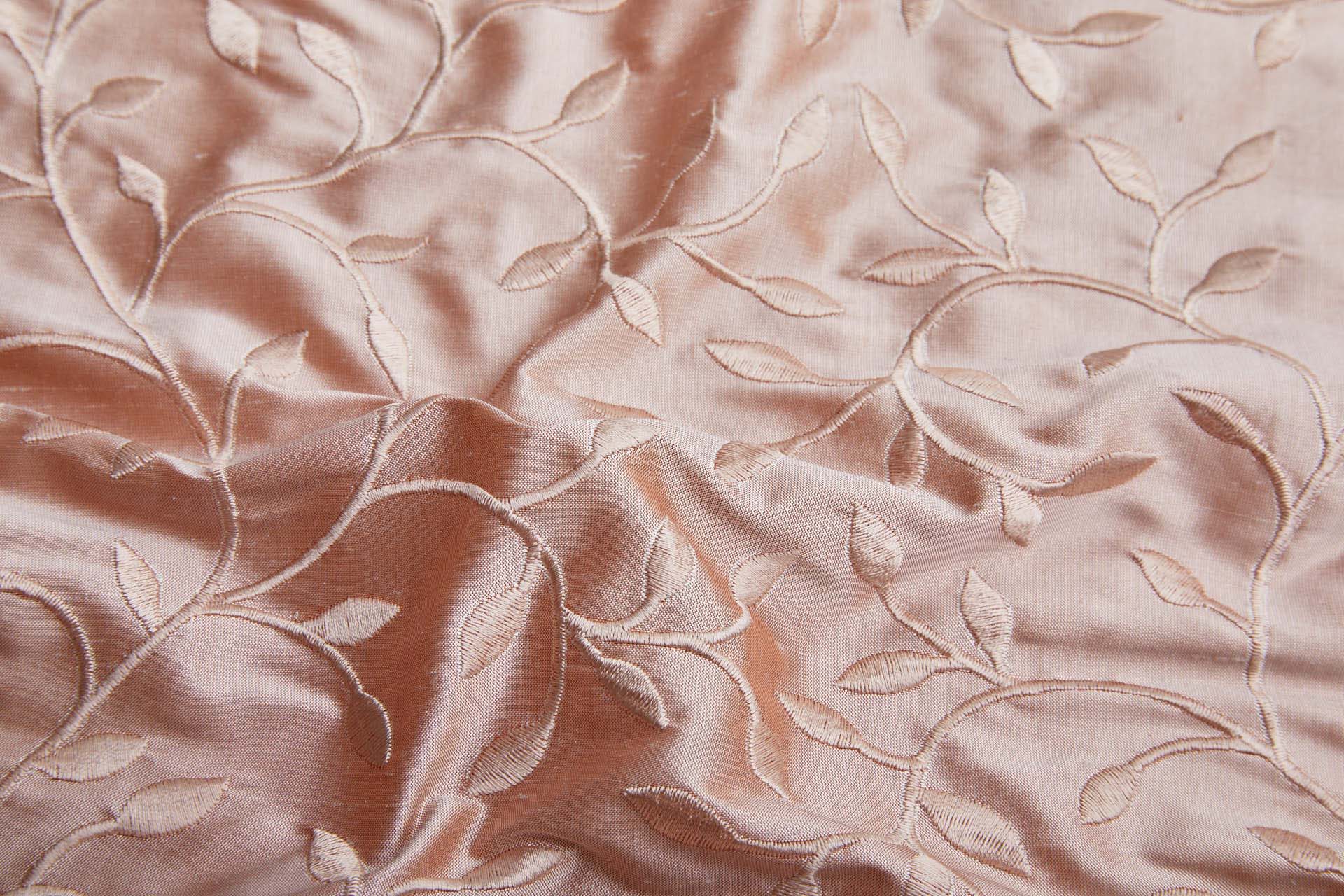 Embroidered Silk Dupion - Pink Leaves and Vines On Pink fabric, image 8 of 8