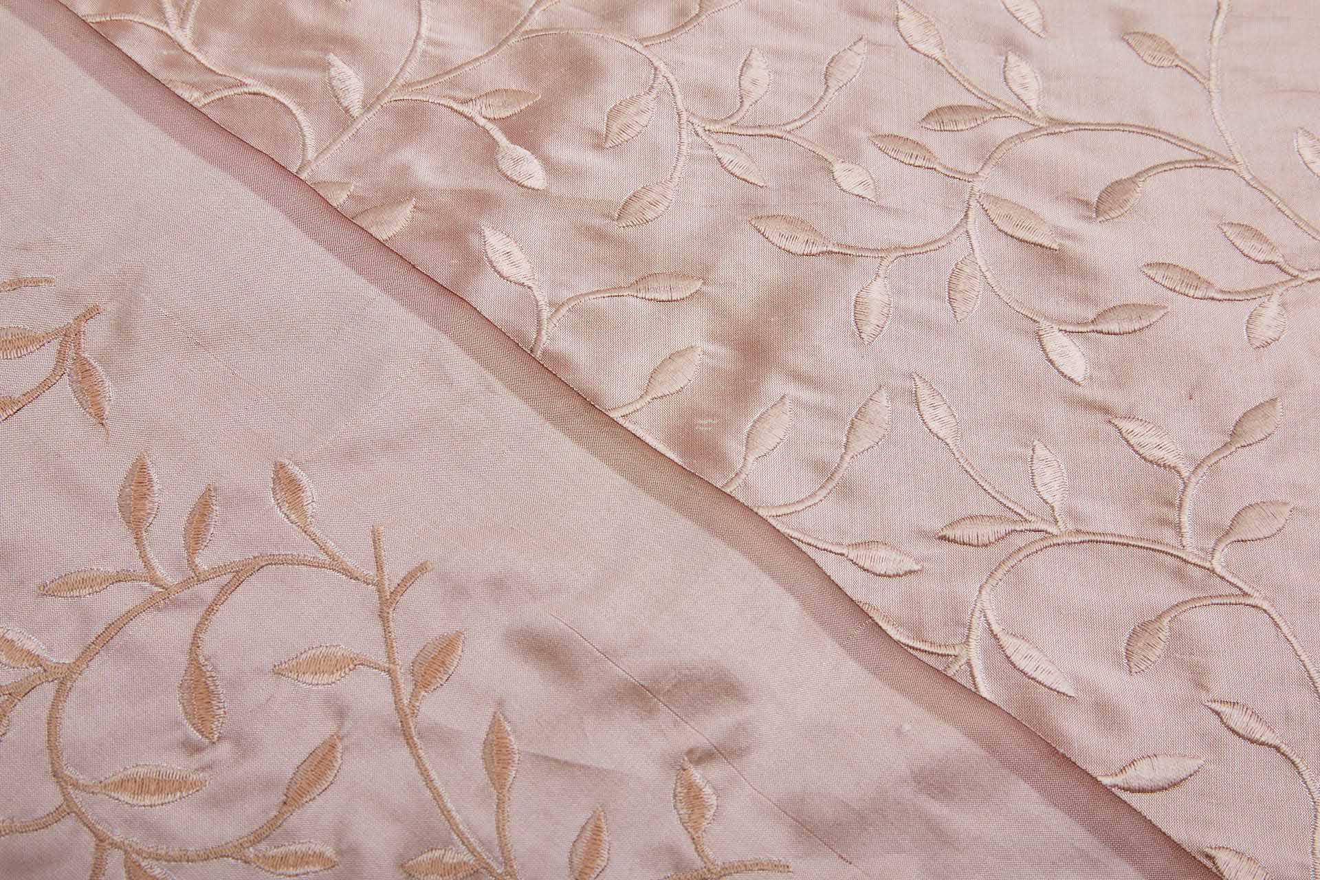 Embroidered Silk Dupion - Pink Leaves and Vines On Pink fabric, image 4 of 8
