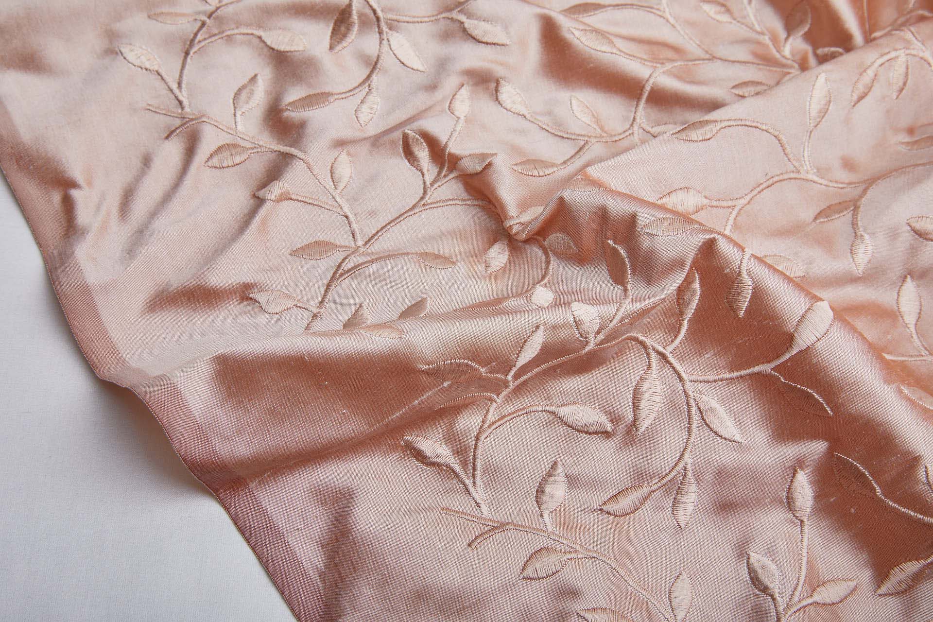 Embroidered Silk Dupion - Pink Leaves and Vines On Pink fabric, image 5 of 8