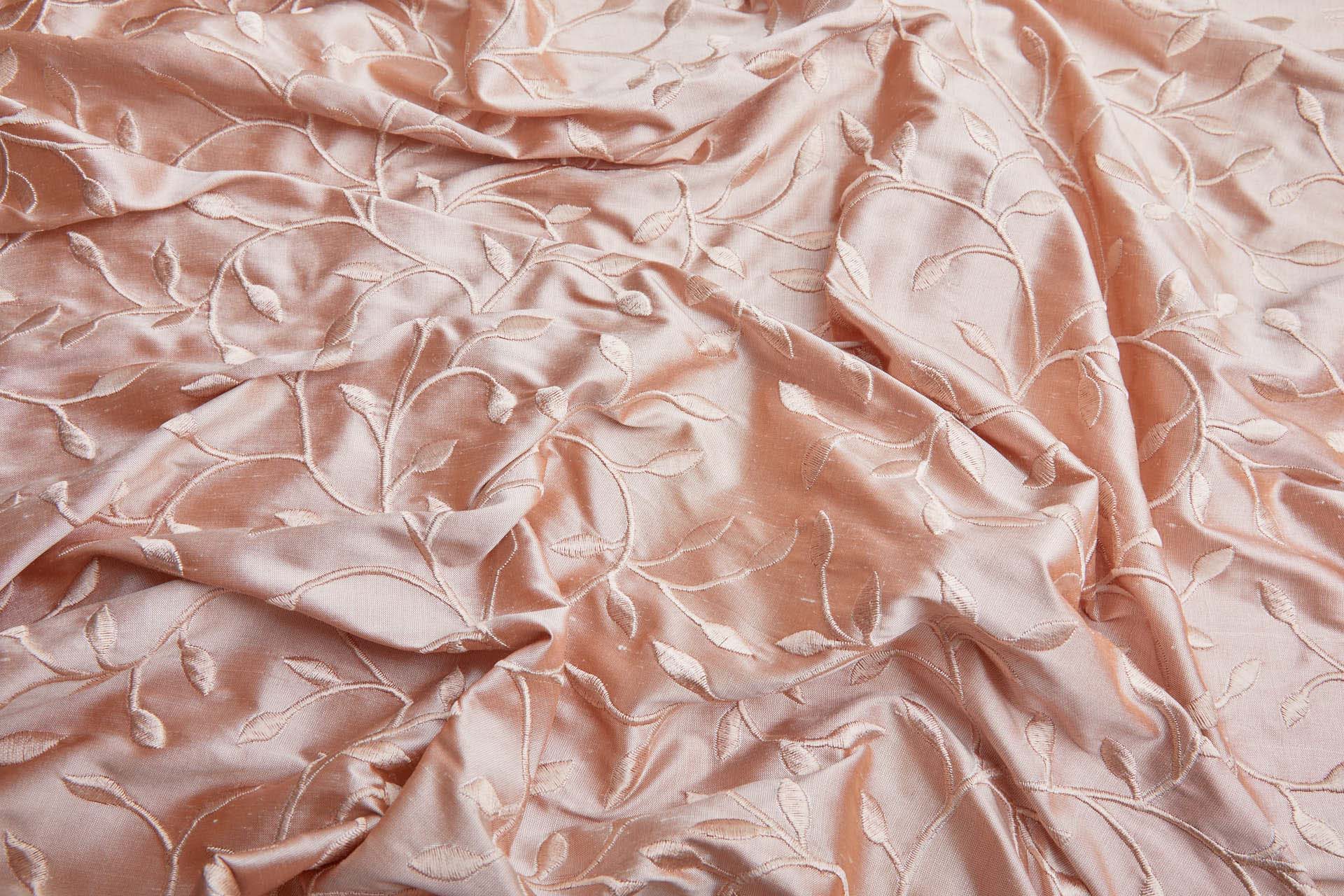 Embroidered Silk Dupion - Pink Leaves and Vines On Pink fabric, image 6 of 8