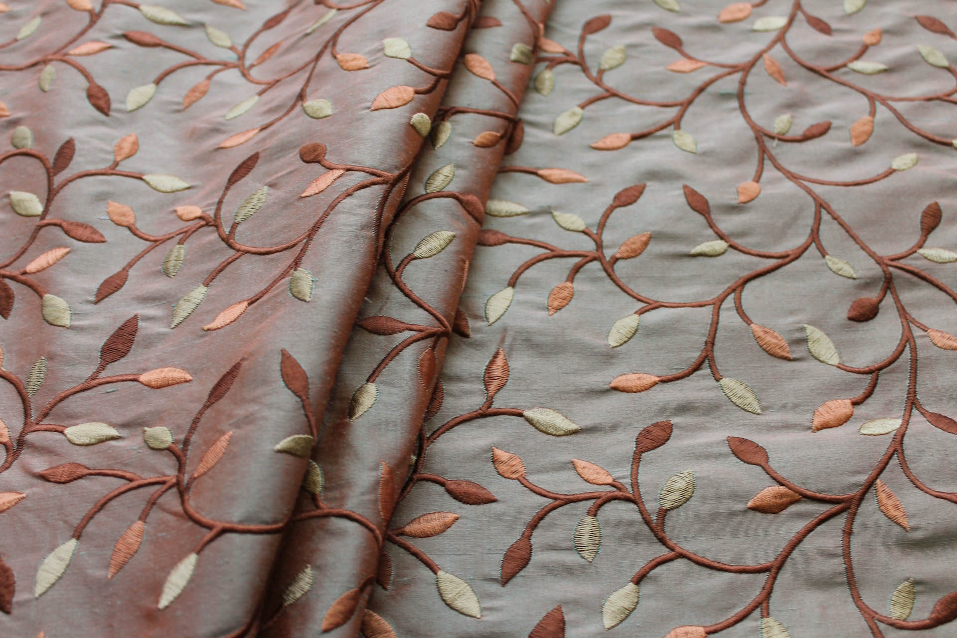 Embroidered Silk Dupion - Gold Copper and Brown Leaves and Vines On Orange shot Green fabric, image 2 of 8