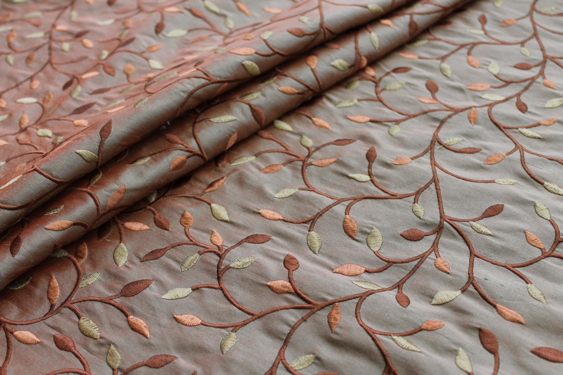 Embroidered Silk Dupion - Gold Copper and Brown Leaves and Vines On Orange shot Green fabric, image 3 of 8