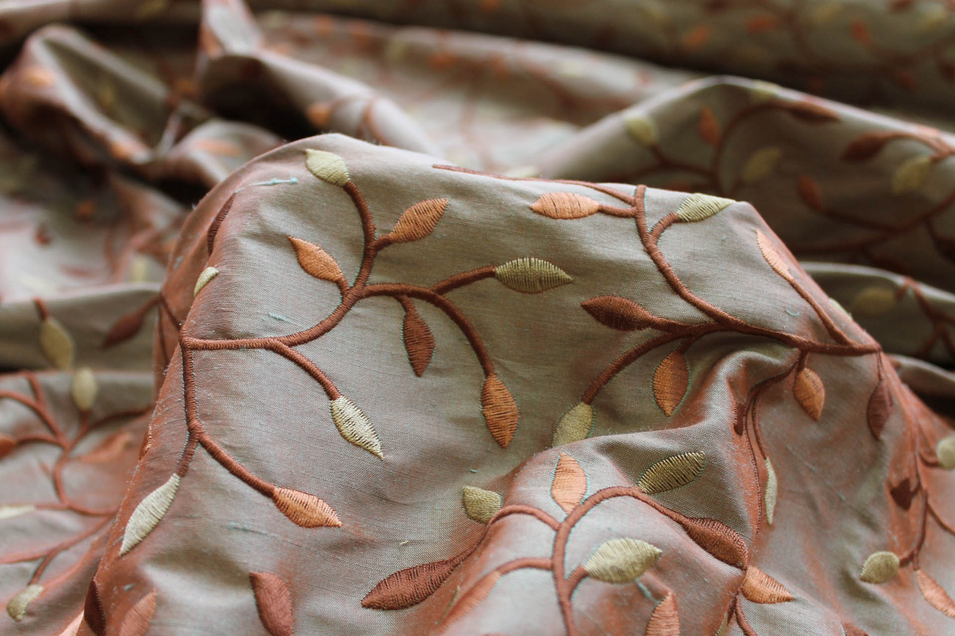 Embroidered Silk Dupion - Gold Copper and Brown Leaves and Vines On Orange shot Green fabric, image 4 of 8