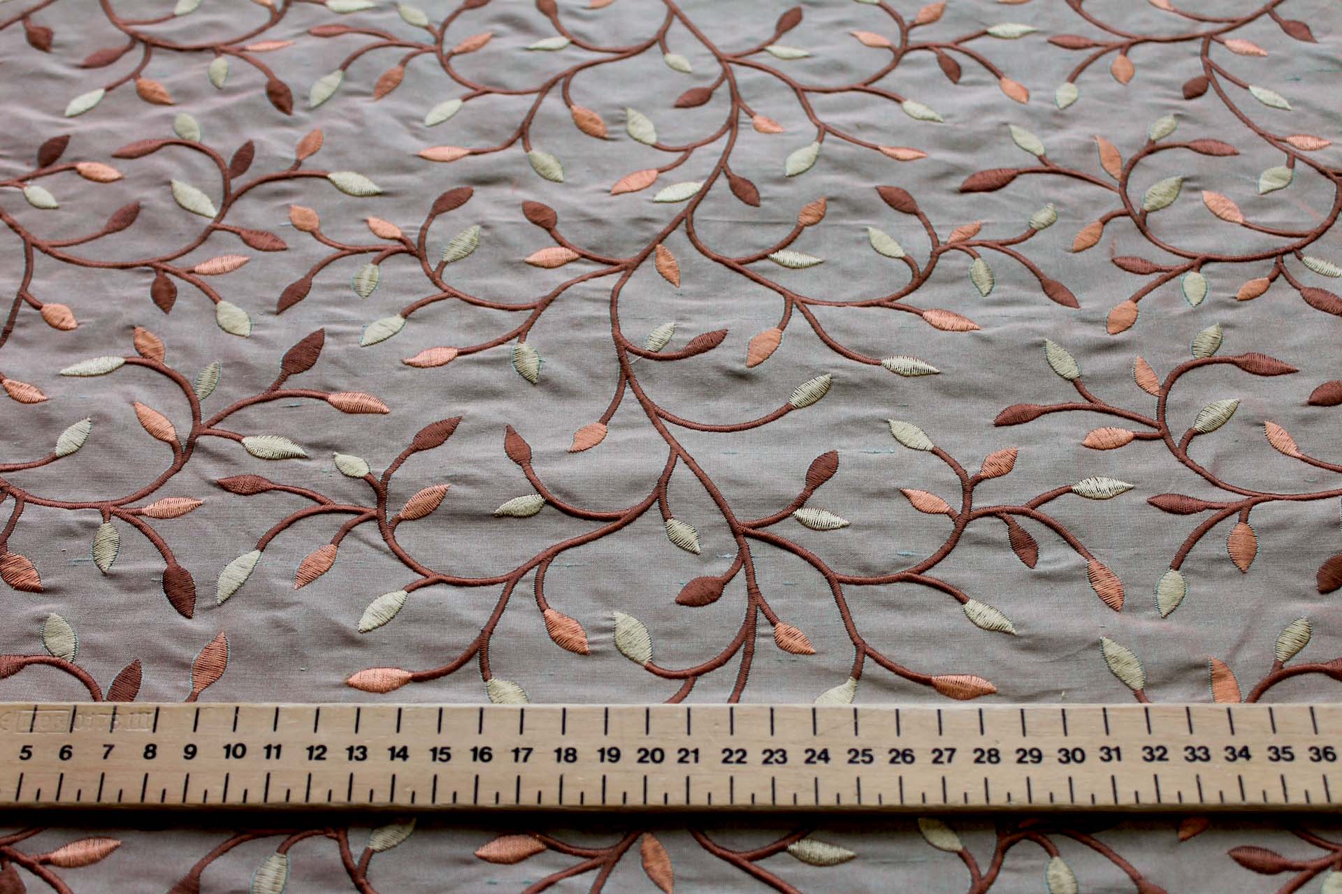 Embroidered Silk Dupion - Gold Copper and Brown Leaves and Vines On Orange shot Green fabric, image 5 of 8