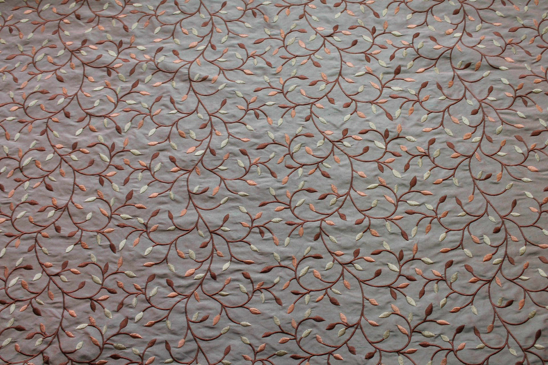 Embroidered Silk Dupion - Gold Copper and Brown Leaves and Vines On Orange shot Green fabric, image 6 of 8